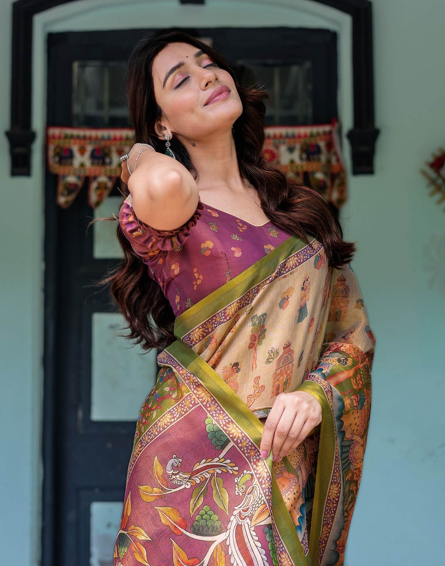 Beige Shimmer Silk Printed Saree