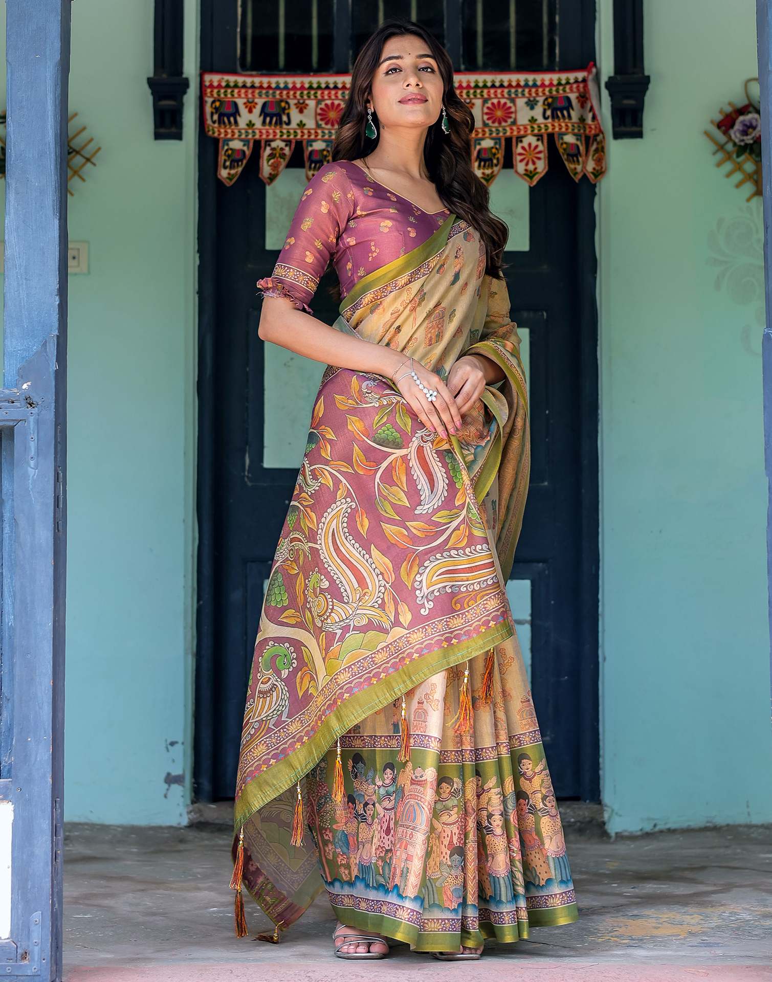 Beige Shimmer Silk Printed Saree