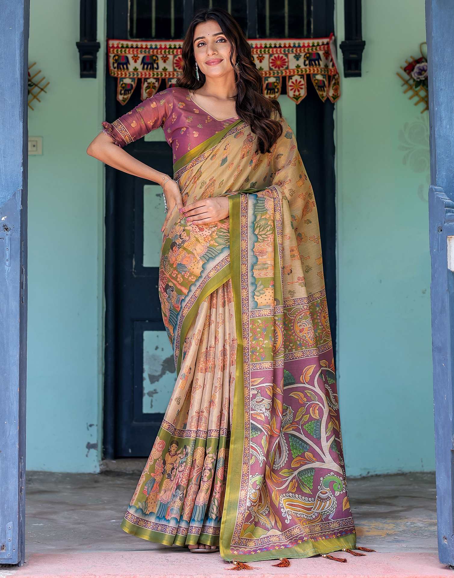 Beige Shimmer Silk Printed Saree