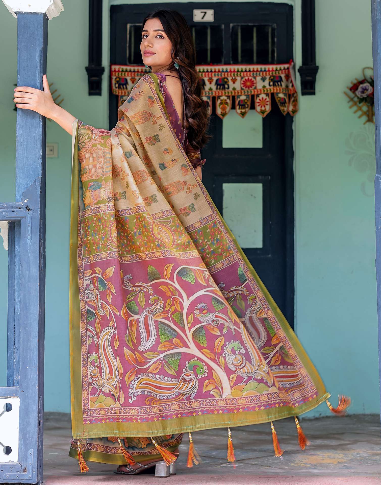 Beige Shimmer Silk Printed Saree