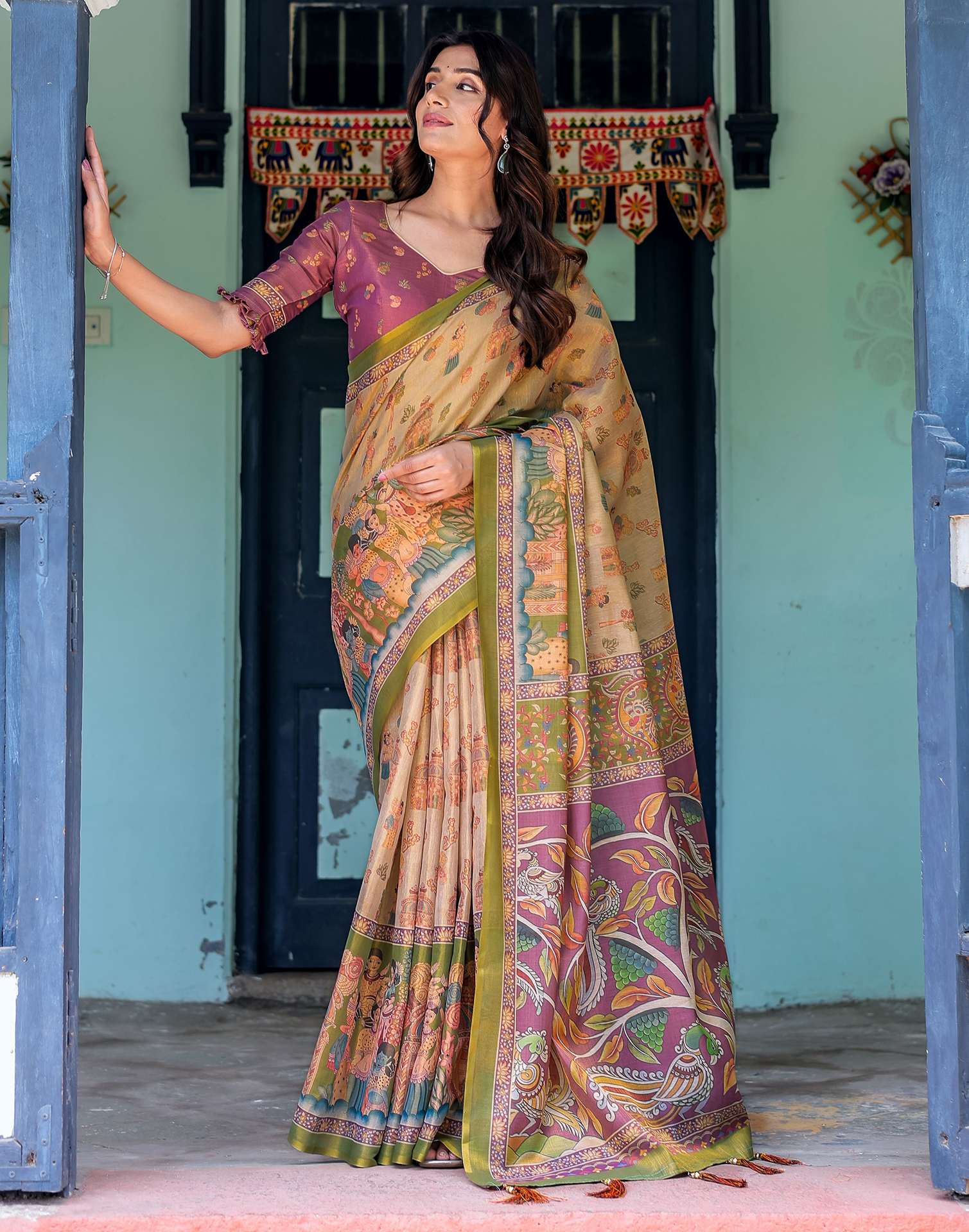 Beige Shimmer Silk Printed Saree