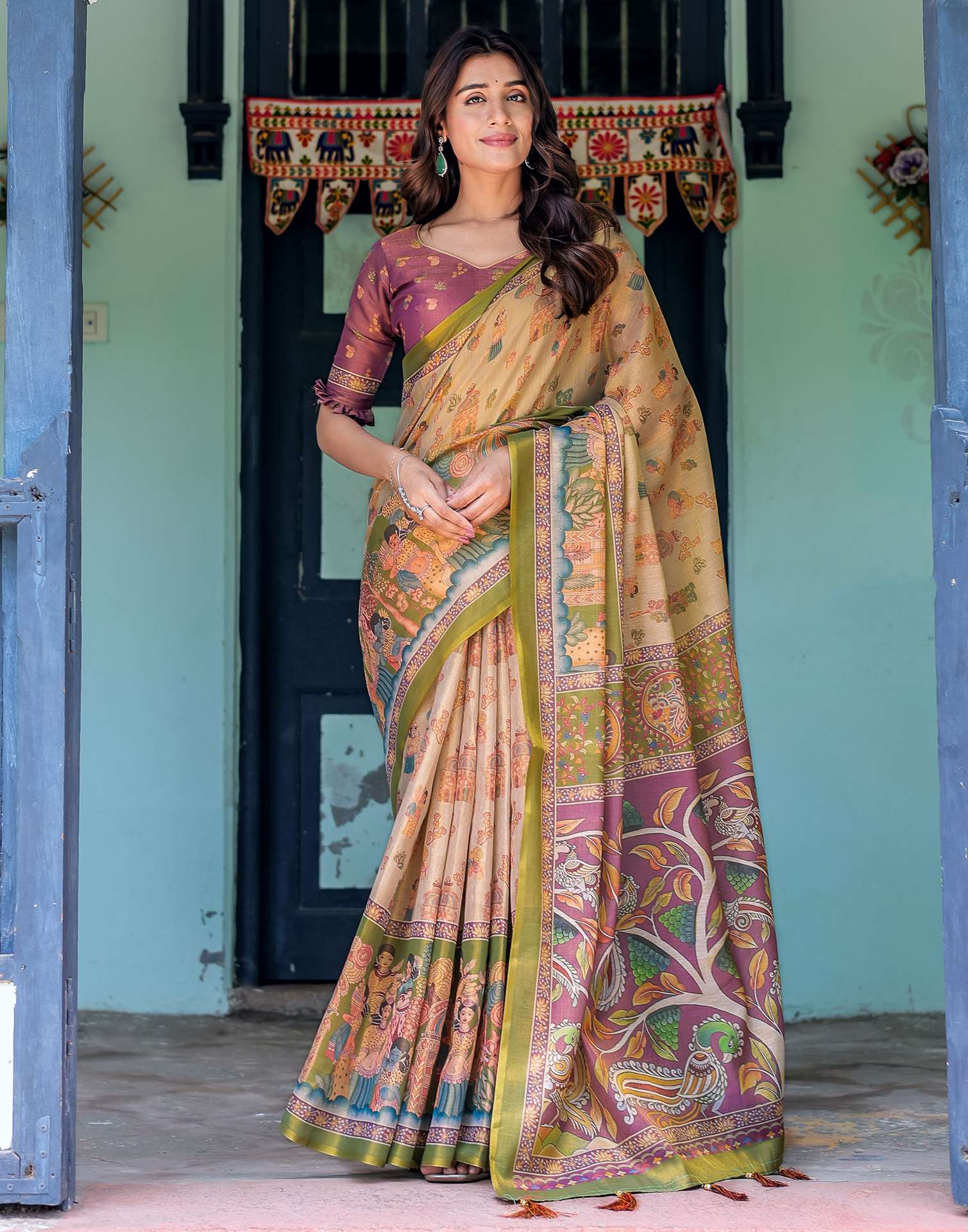 Beige Shimmer Silk Printed Saree