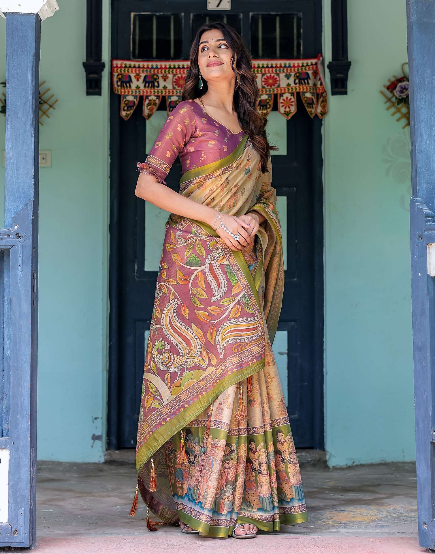 Beige Shimmer Silk Printed Saree
