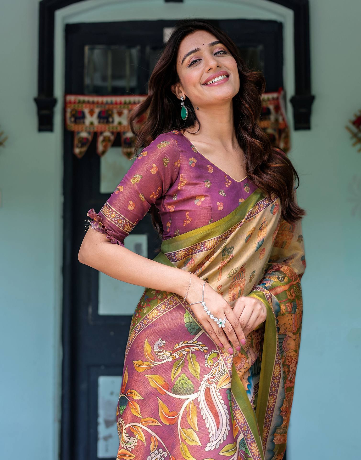Beige Shimmer Silk Printed Saree