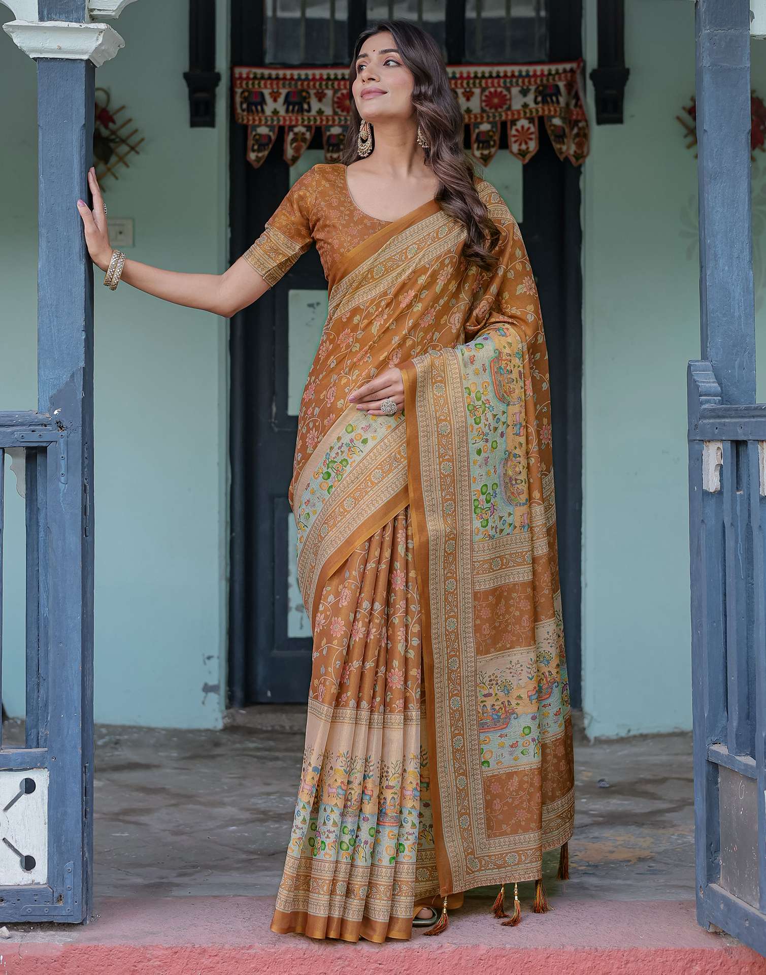 Brown Shimmer Silk Printed Saree