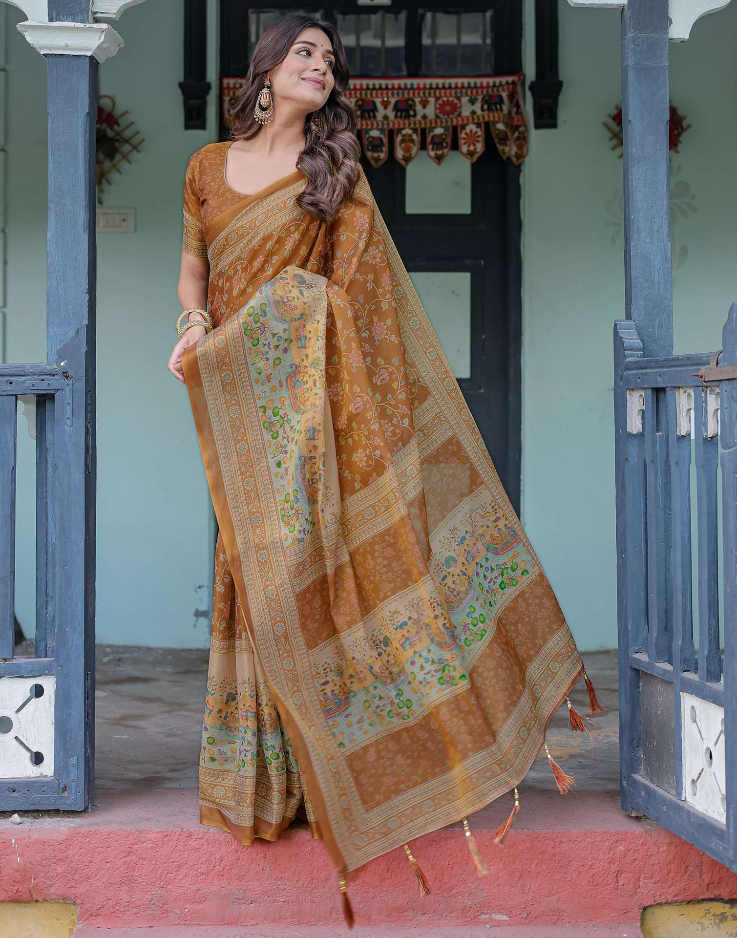 Brown Shimmer Silk Printed Saree