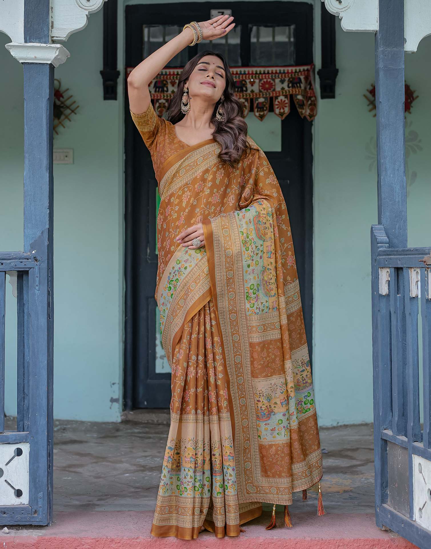 Brown Shimmer Silk Printed Saree