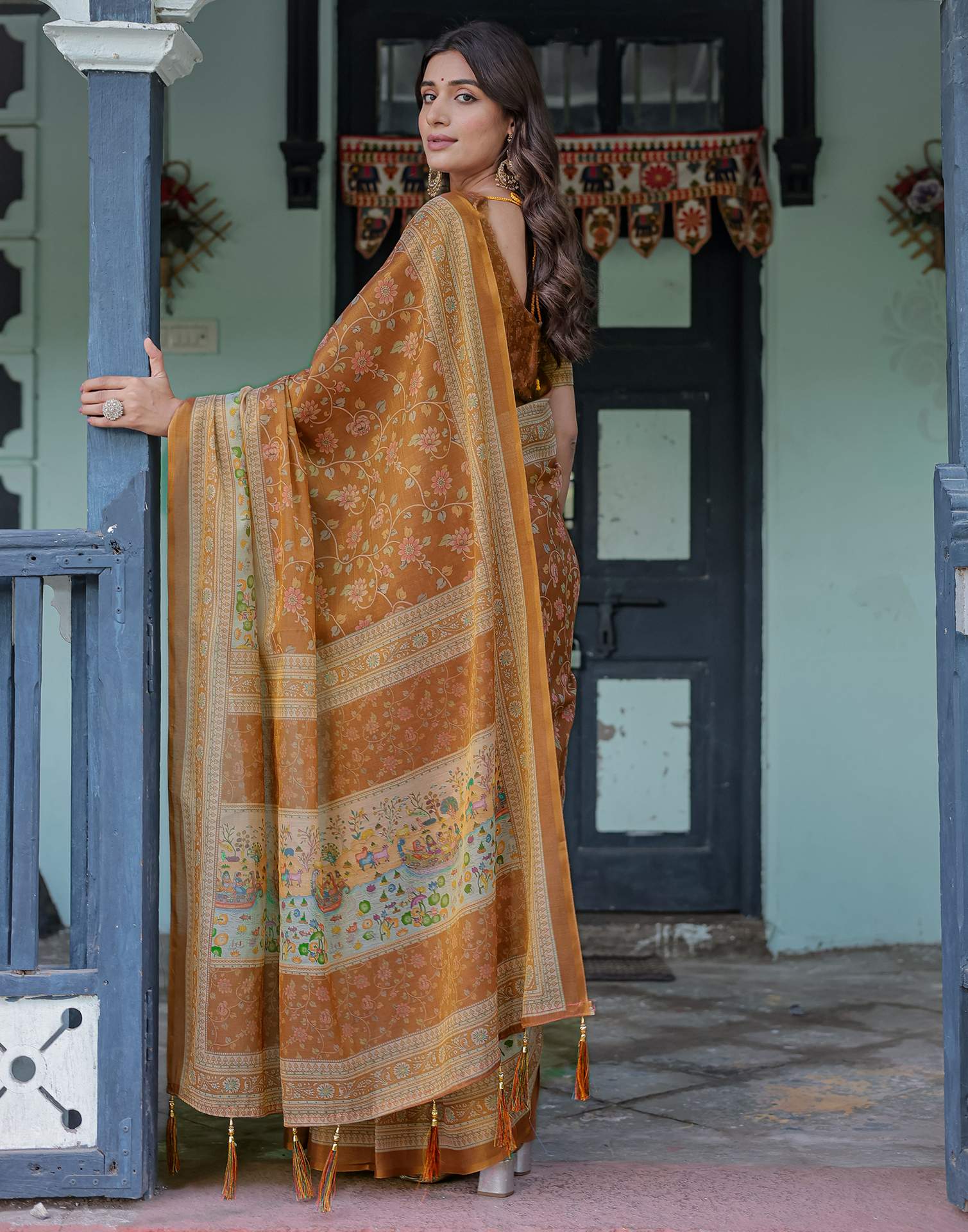 Brown Shimmer Silk Printed Saree