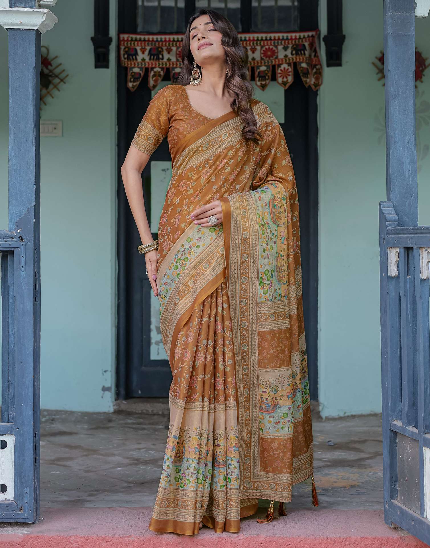 Brown Shimmer Silk Printed Saree