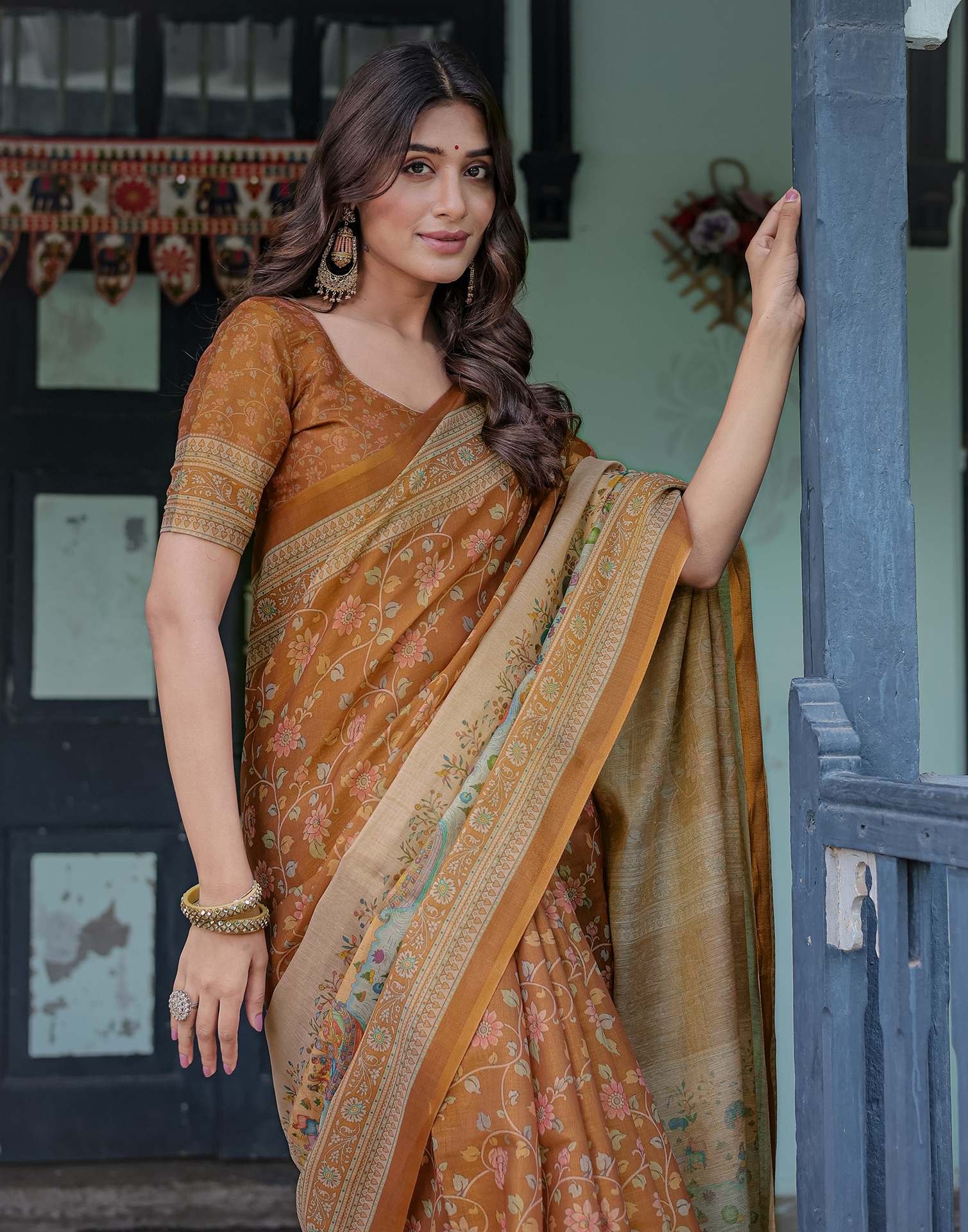 Brown Shimmer Silk Printed Saree