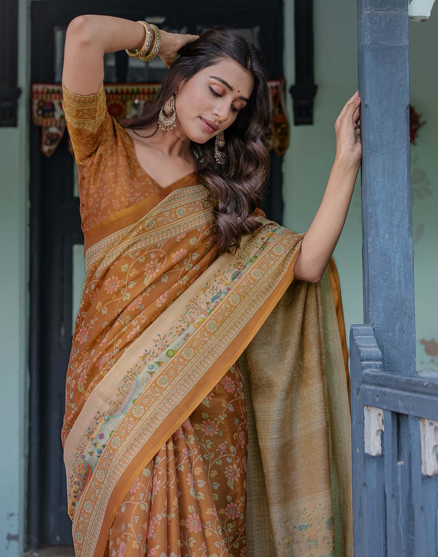 Brown Shimmer Silk Printed Saree