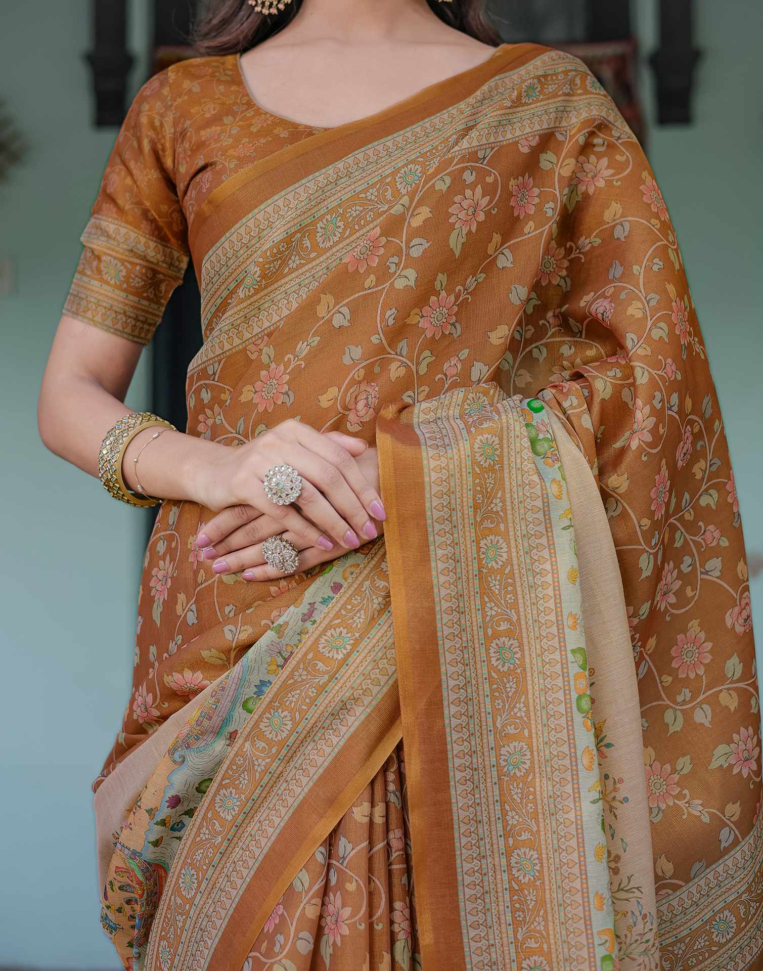Brown Shimmer Silk Printed Saree