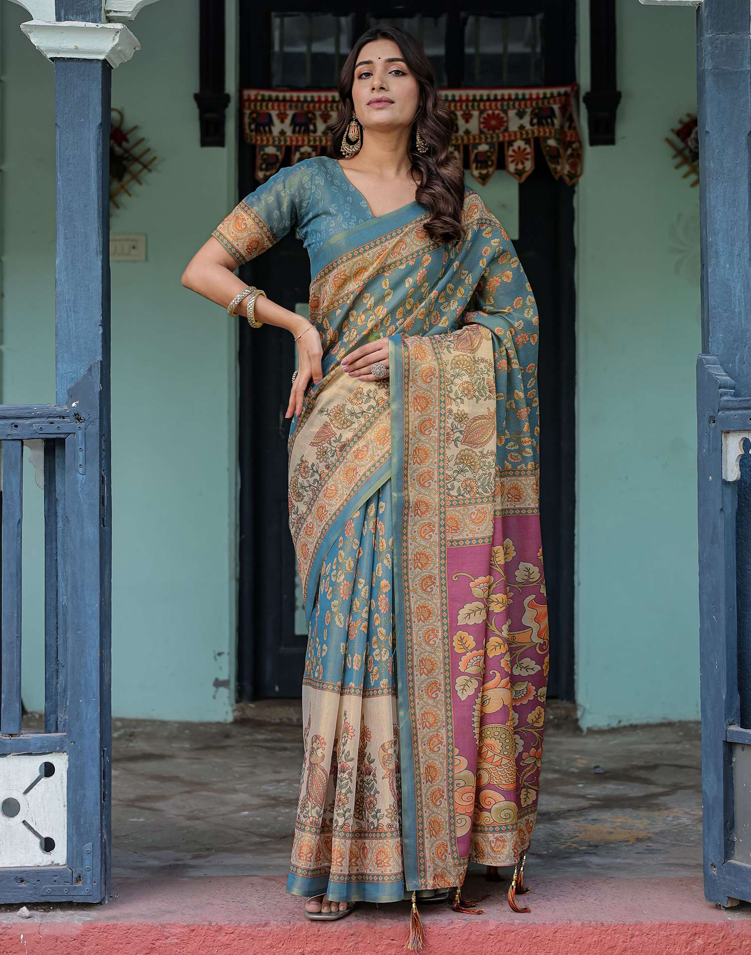Teal Blue Shimmer Silk Printed Saree