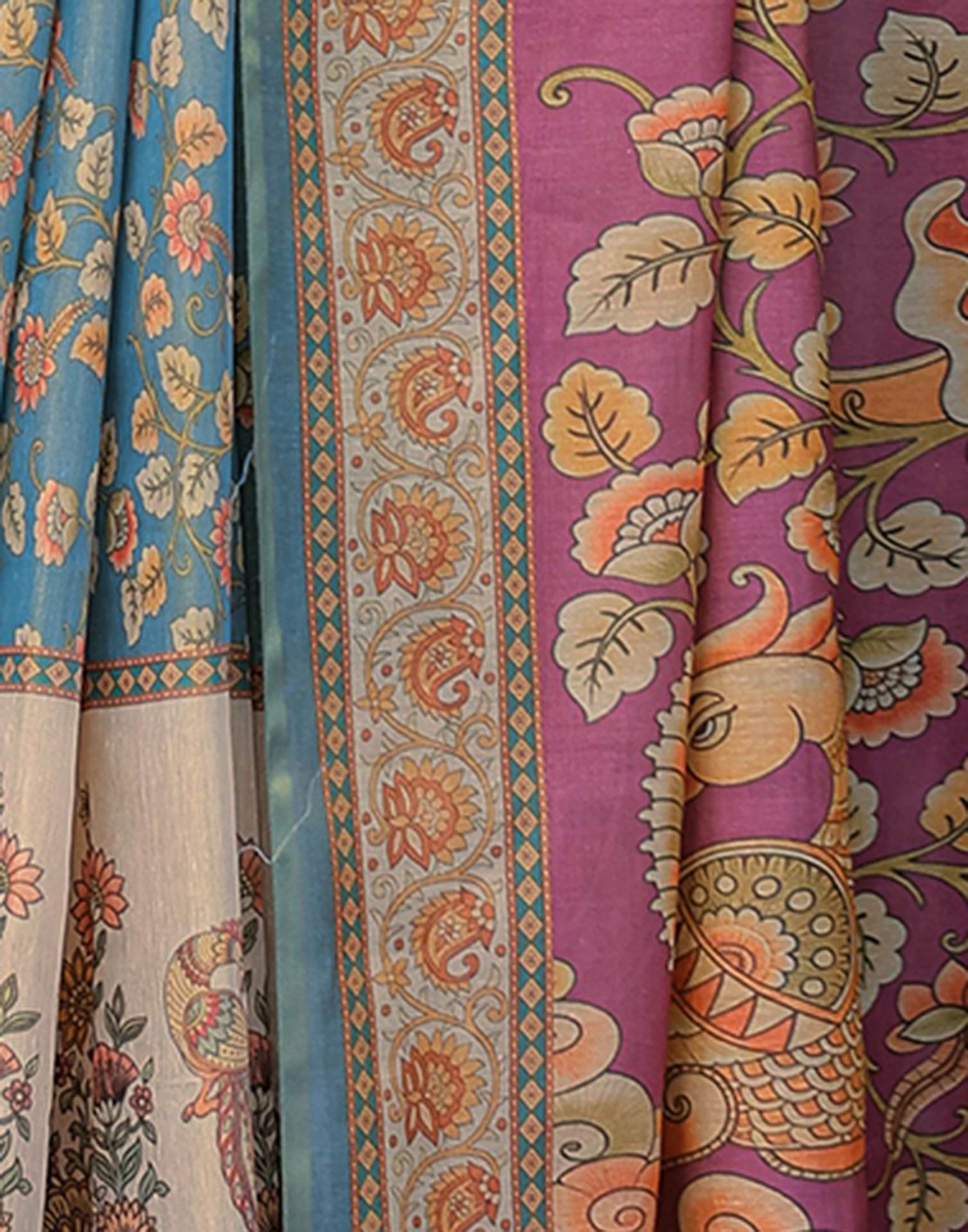 Teal Blue Shimmer Silk Printed Saree