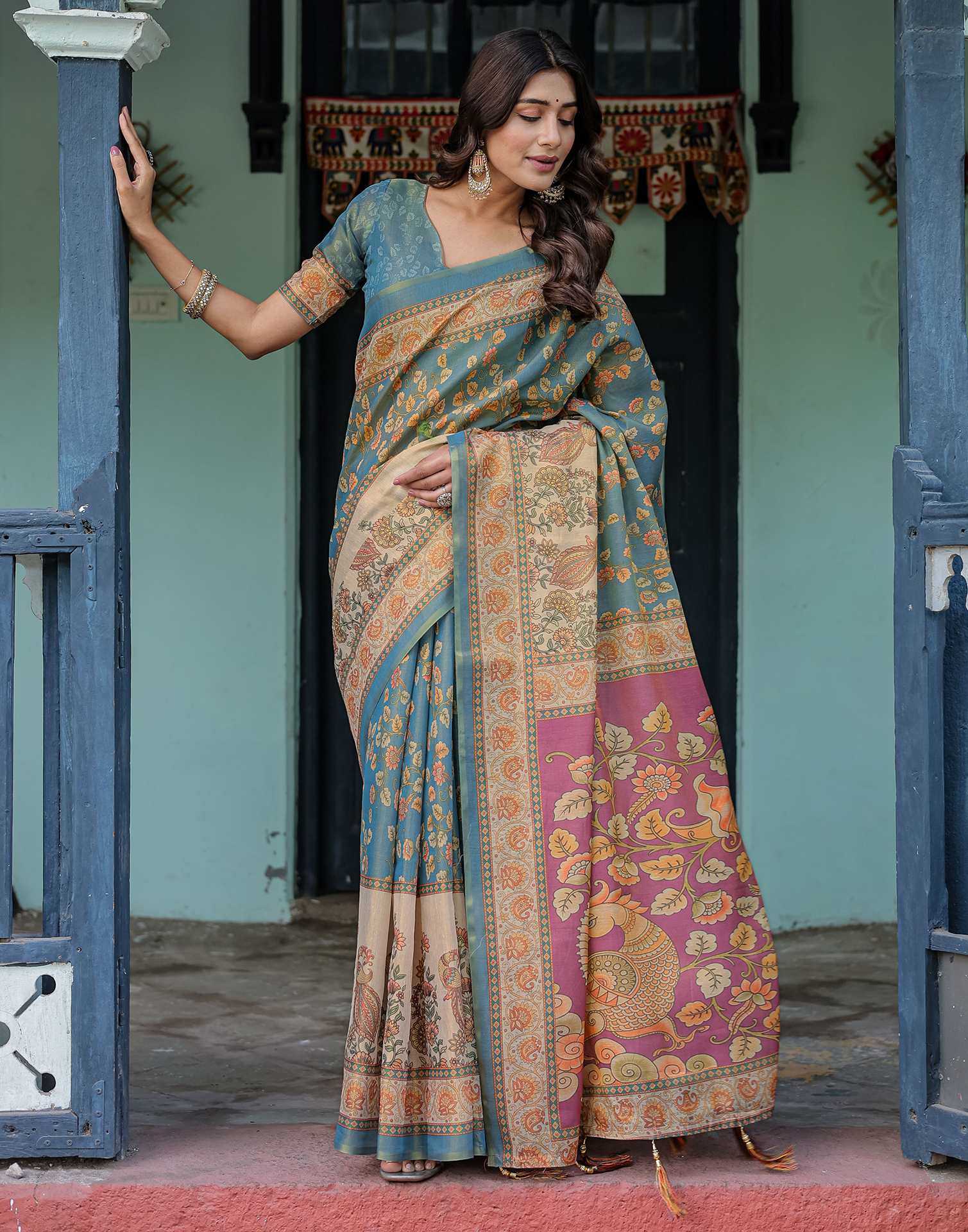Teal Blue Shimmer Silk Printed Saree