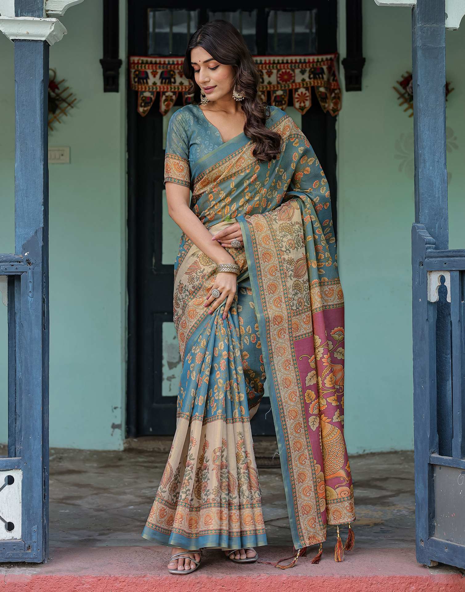 Teal Blue Shimmer Silk Printed Saree