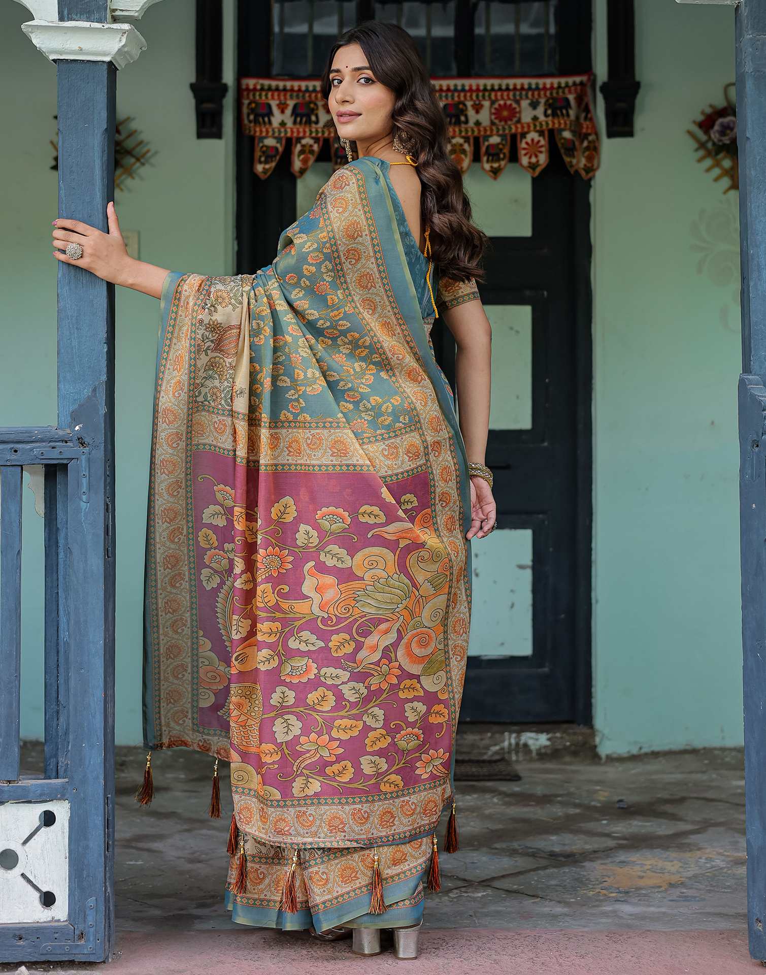 Teal Blue Shimmer Silk Printed Saree