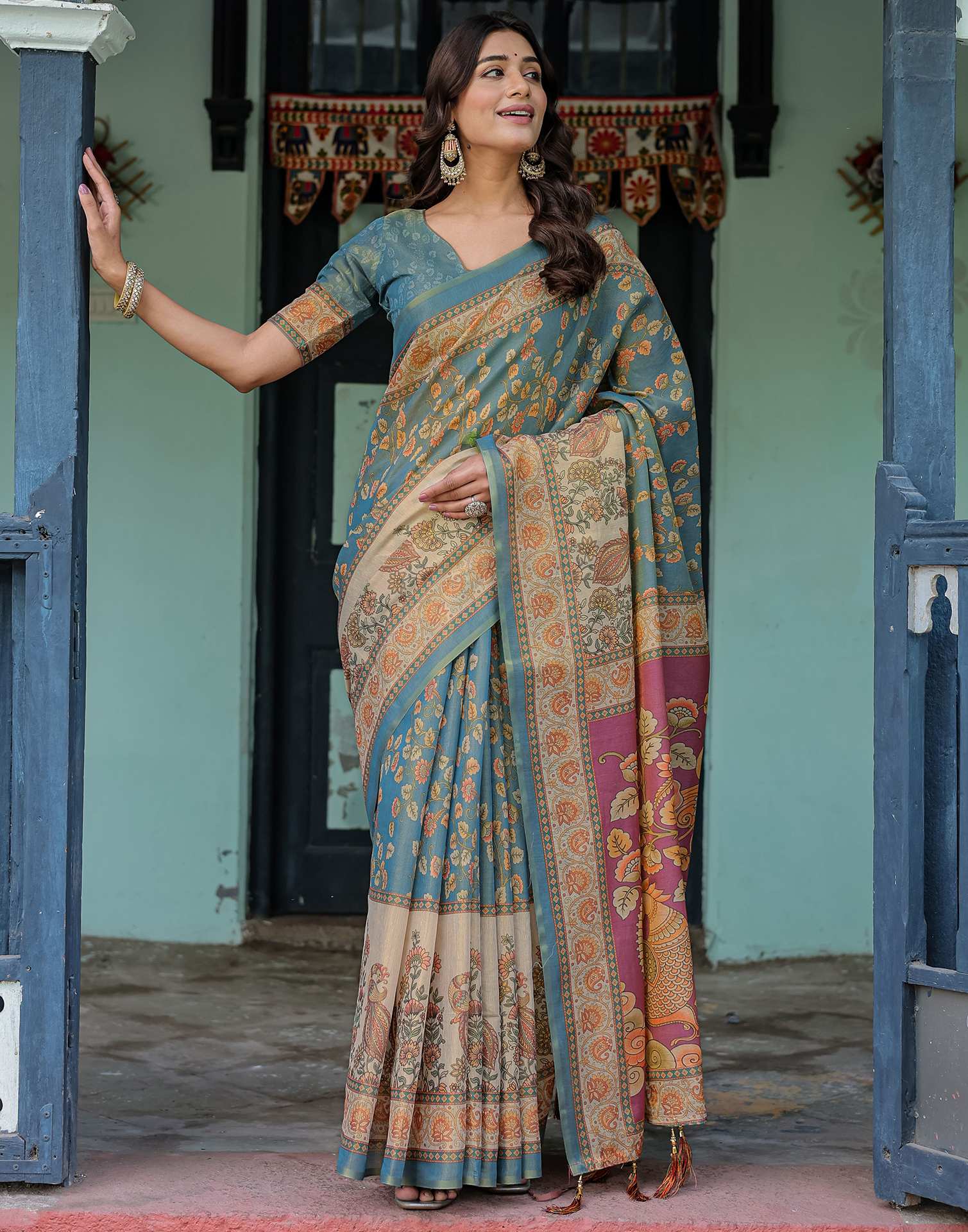 Teal Blue Shimmer Silk Printed Saree