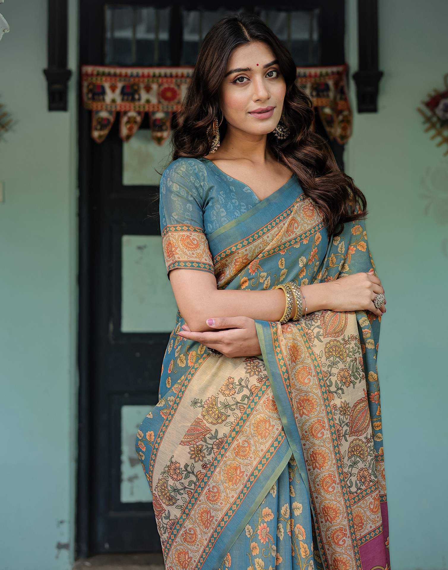 Teal Blue Shimmer Silk Printed Saree