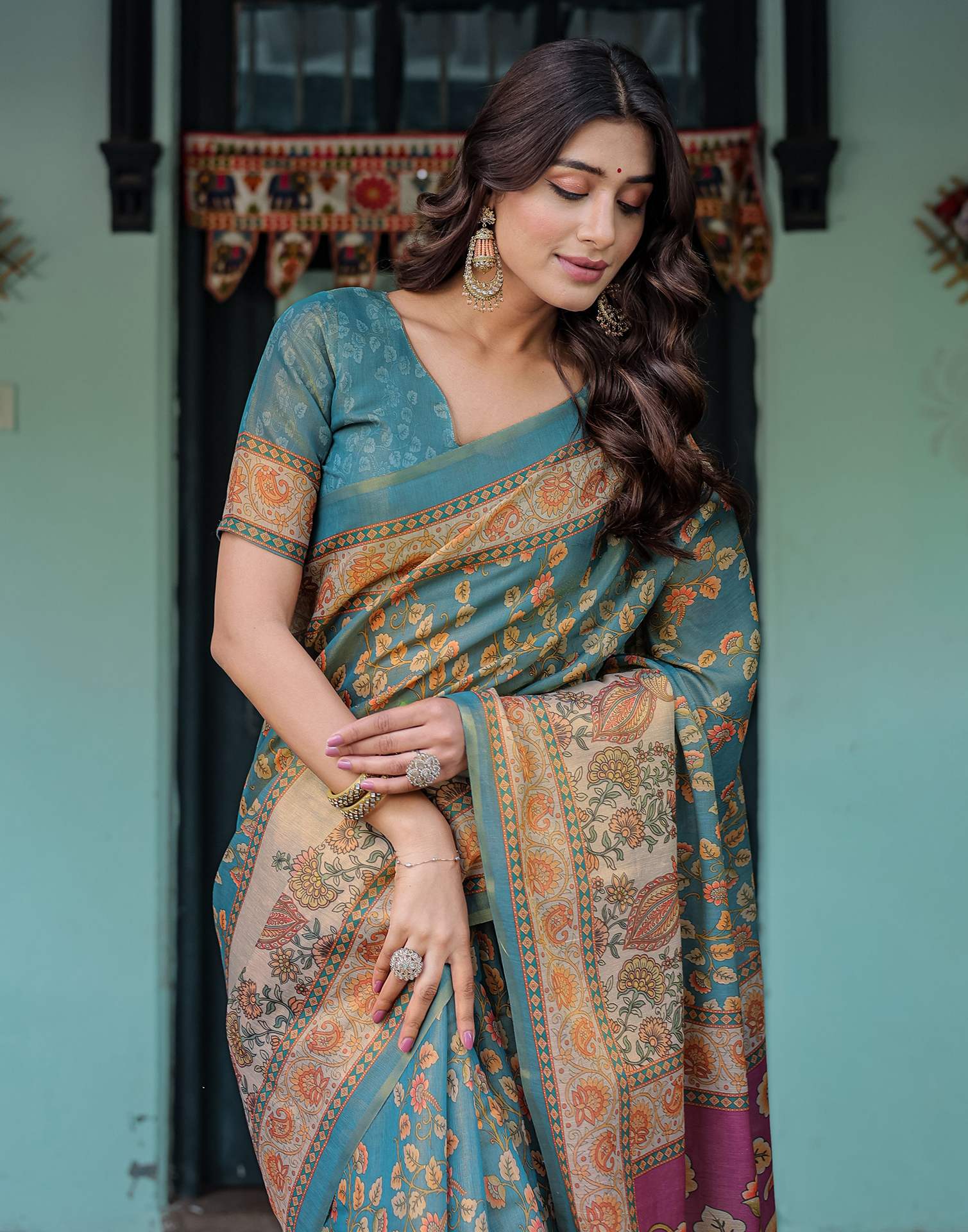 Teal Blue Shimmer Silk Printed Saree