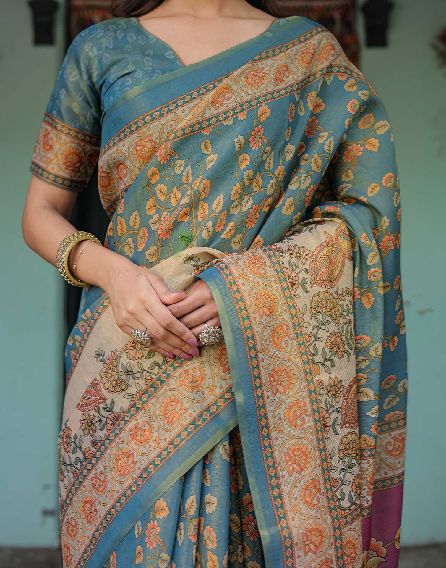 Teal Blue Shimmer Silk Printed Saree