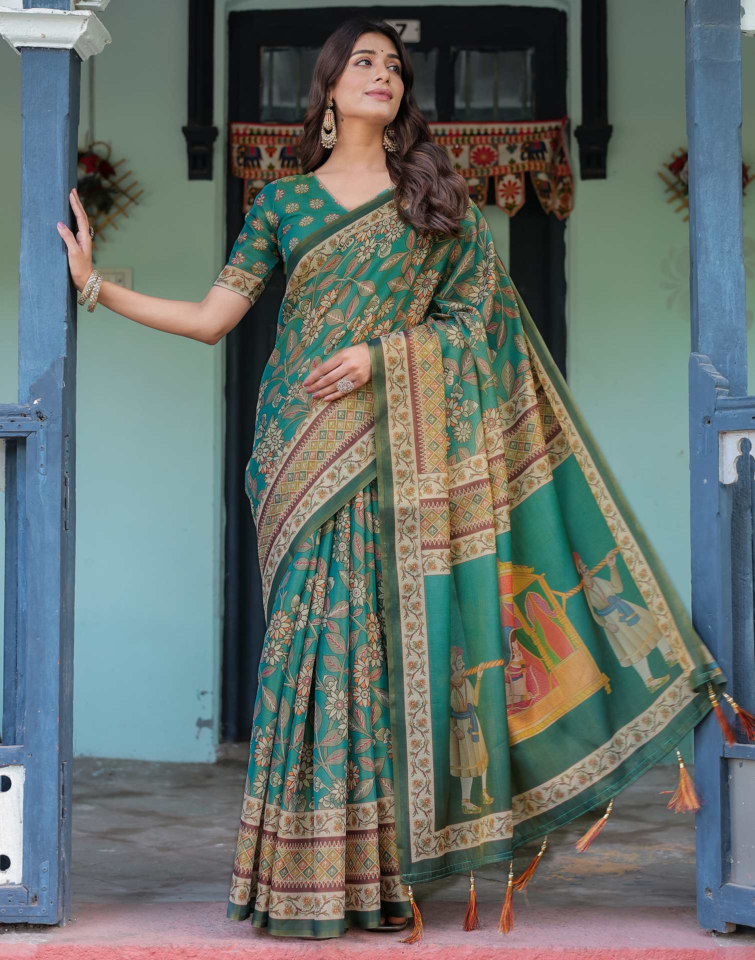 Teal Green Shimmer Silk Printed Saree