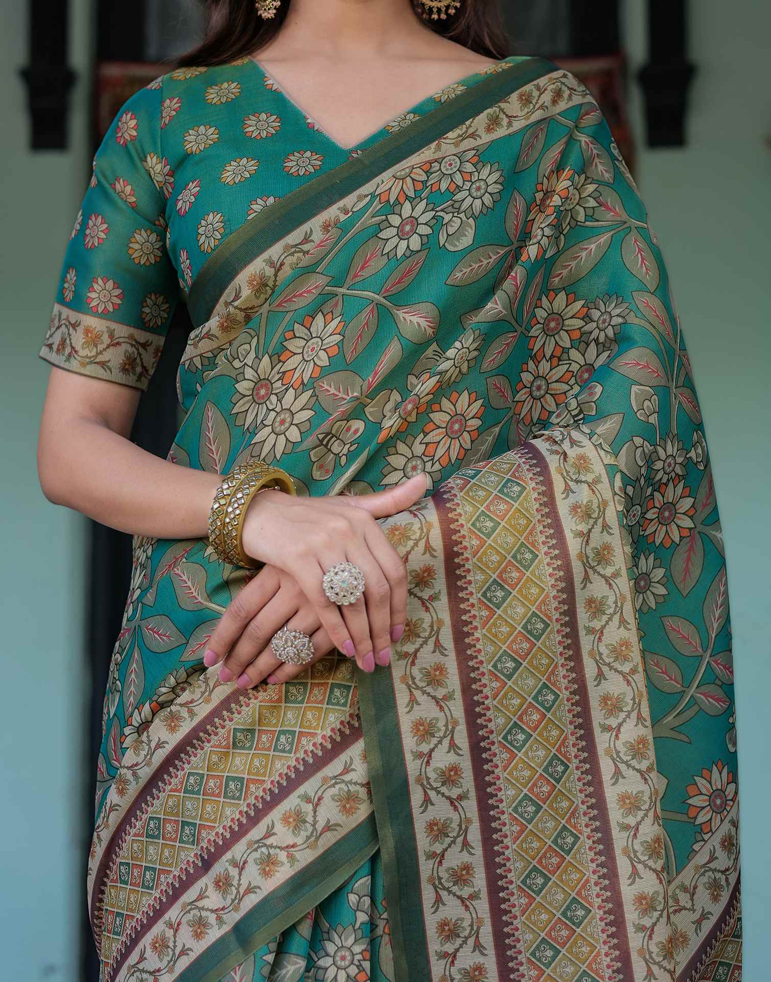 Teal Green Shimmer Silk Printed Saree