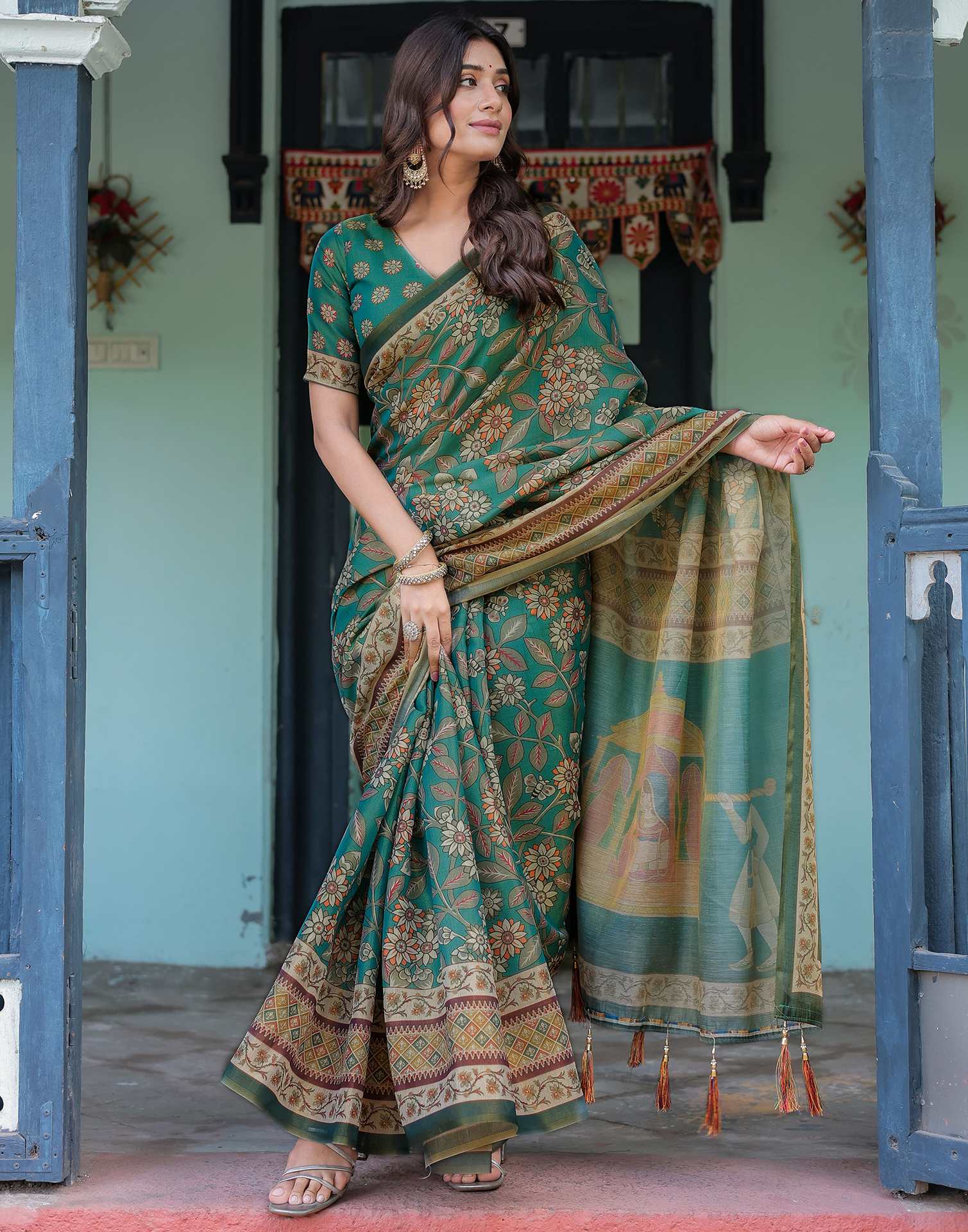 Teal Green Shimmer Silk Printed Saree