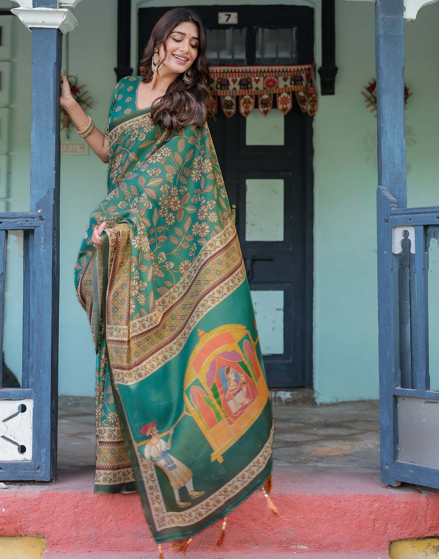 Teal Green Shimmer Silk Printed Saree