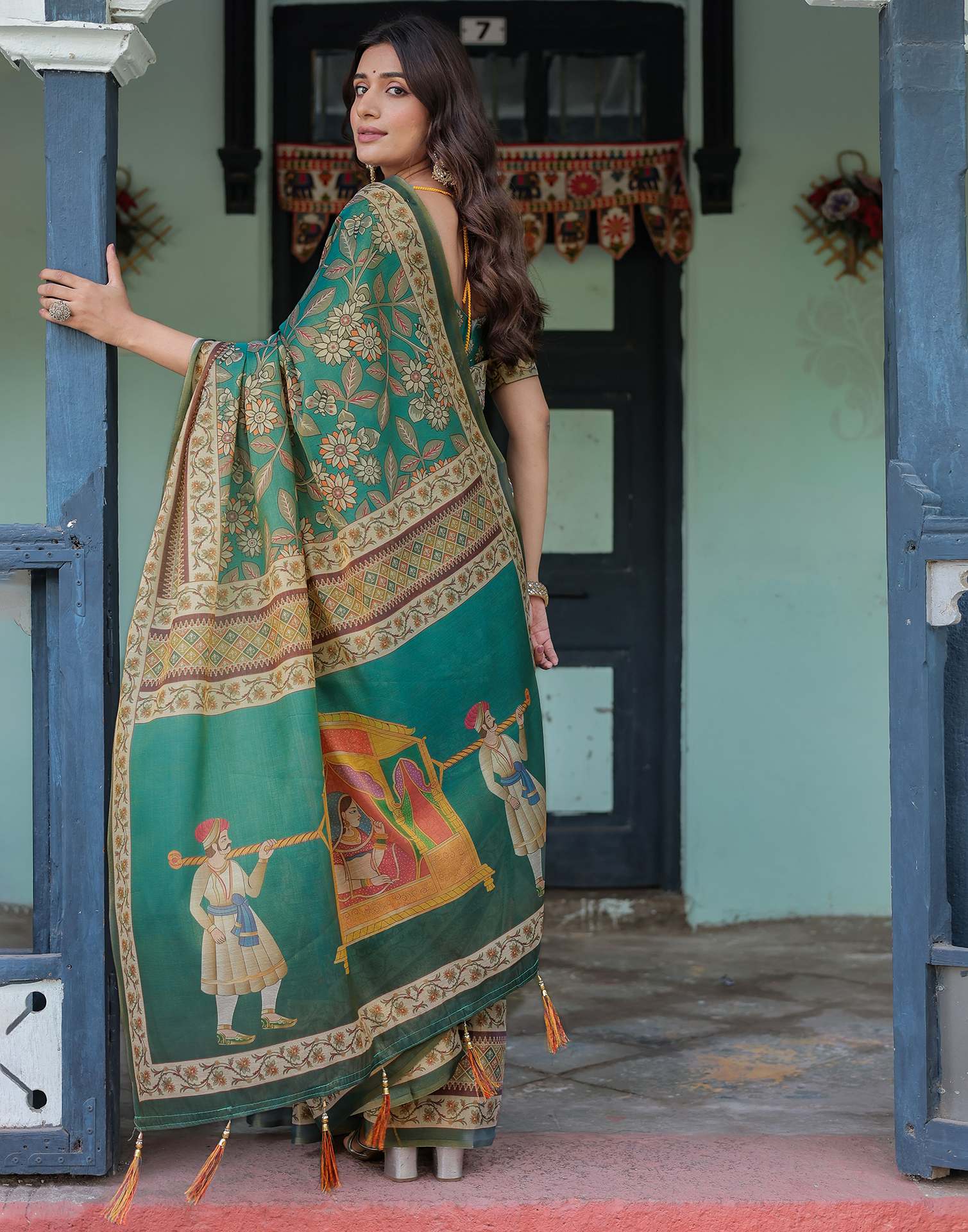 Teal Green Shimmer Silk Printed Saree