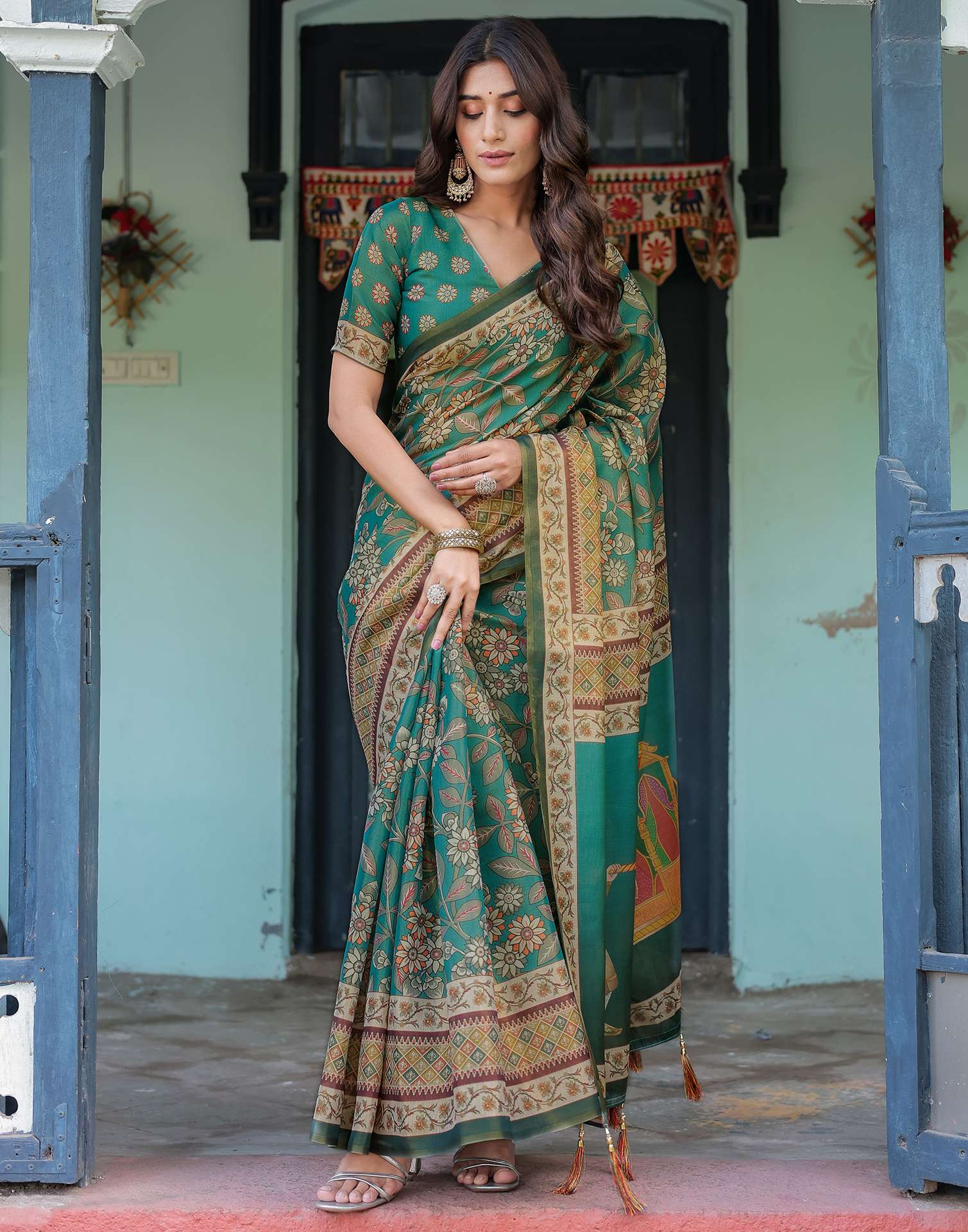 Teal Green Shimmer Silk Printed Saree