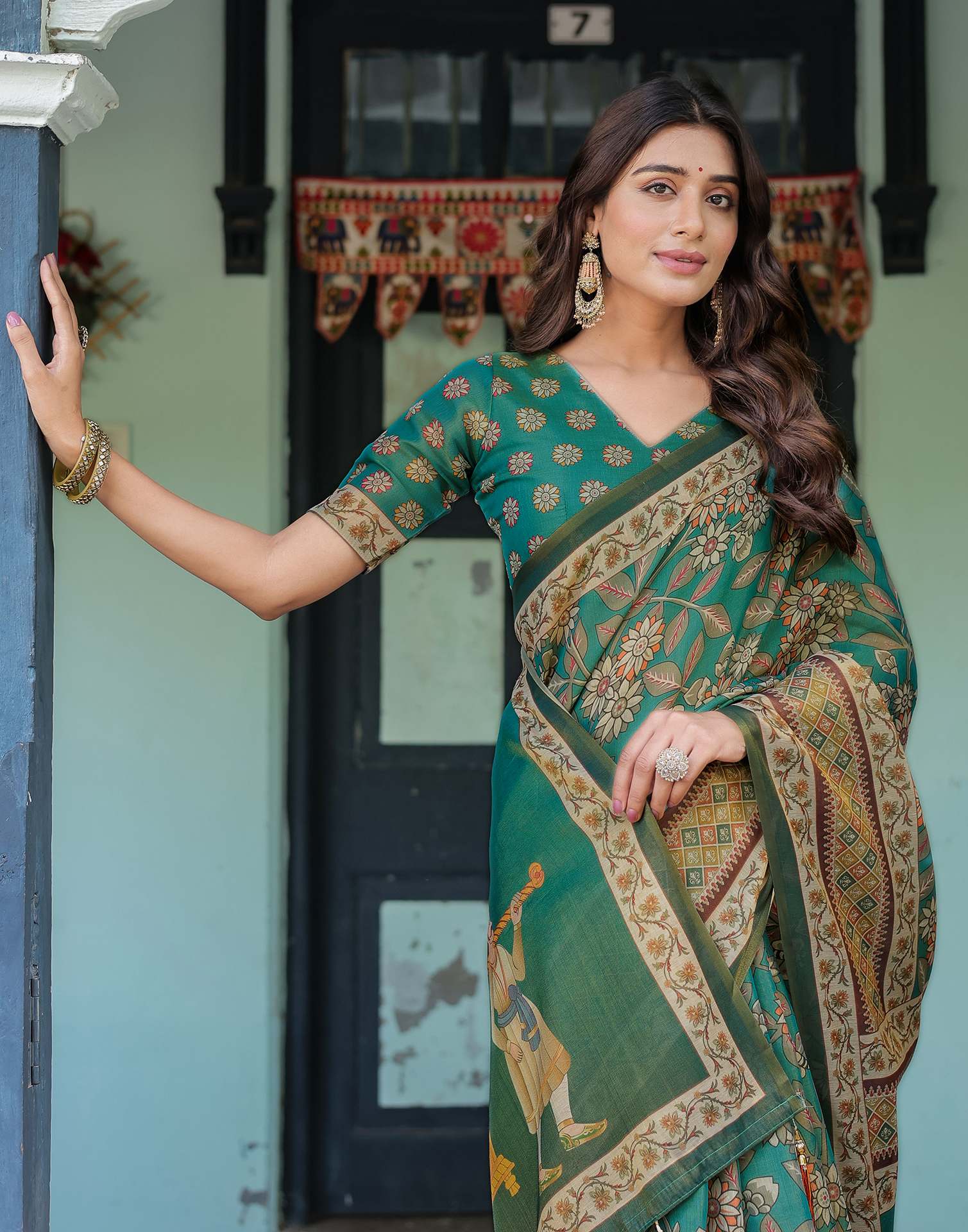 Teal Green Shimmer Silk Printed Saree