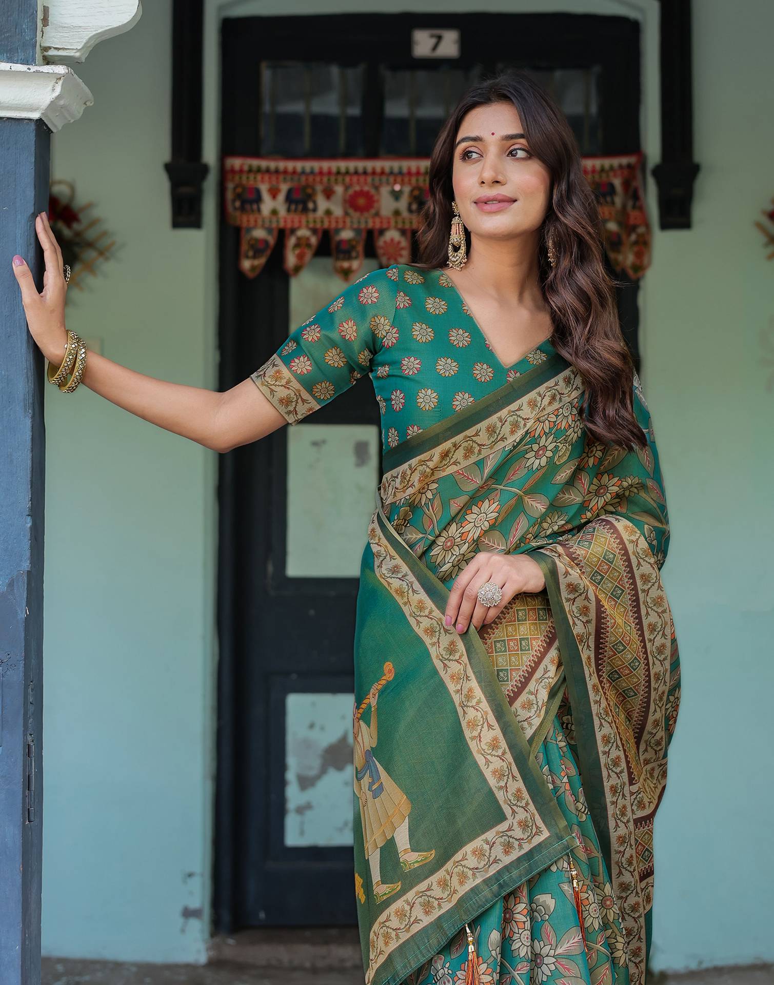 Teal Green Shimmer Silk Printed Saree