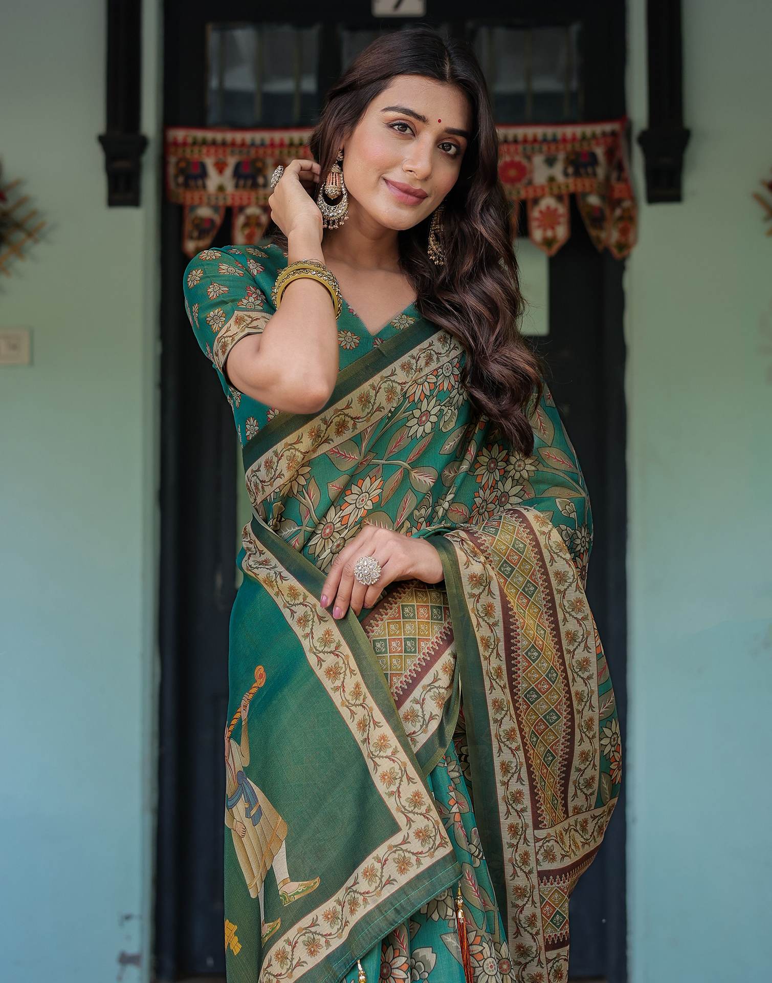 Teal Green Shimmer Silk Printed Saree