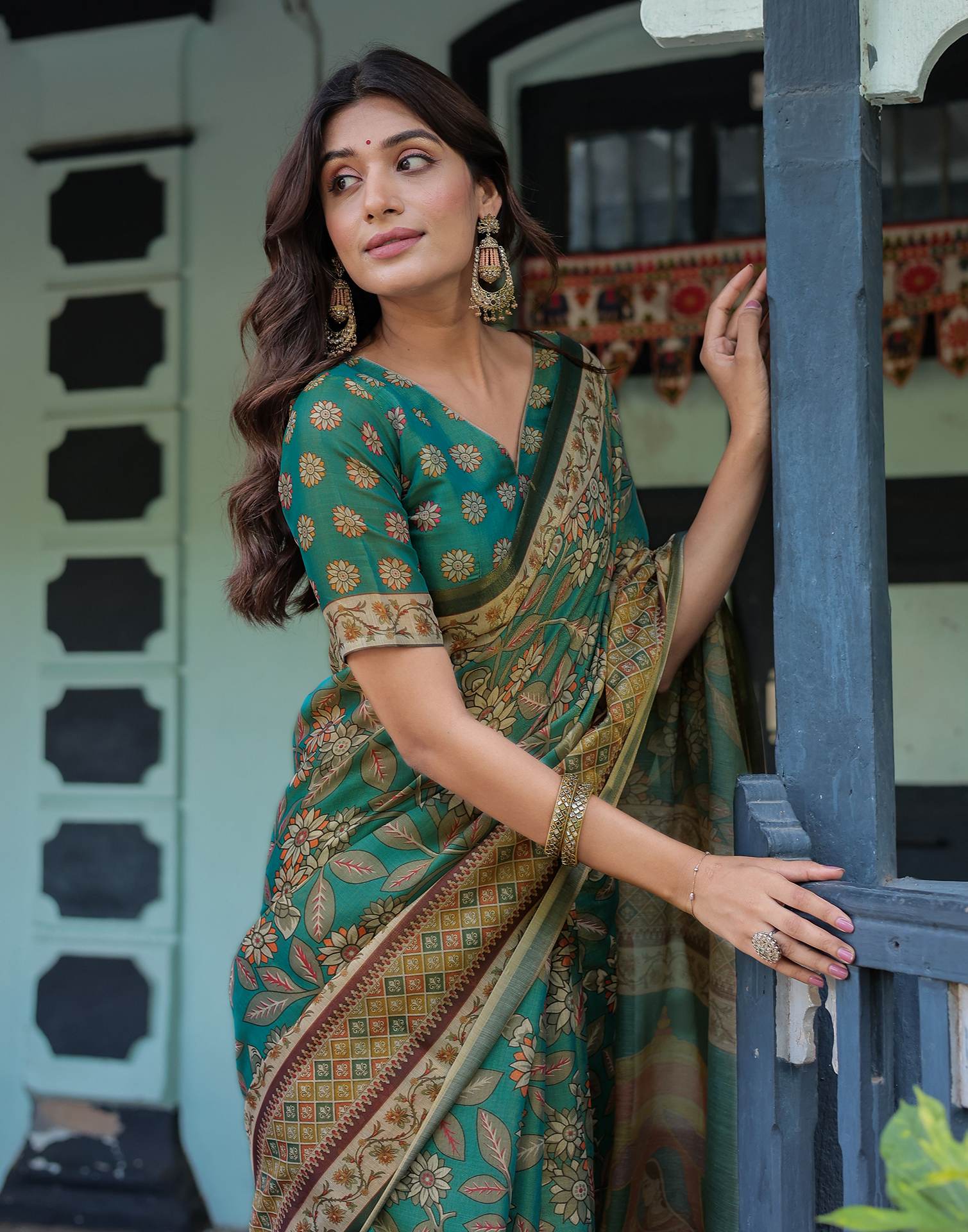 Teal Green Shimmer Silk Printed Saree