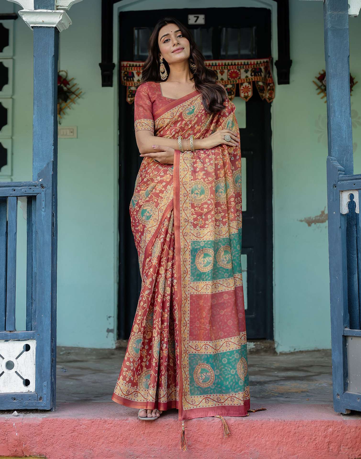 Coral Red Shimmer Silk Printed Saree