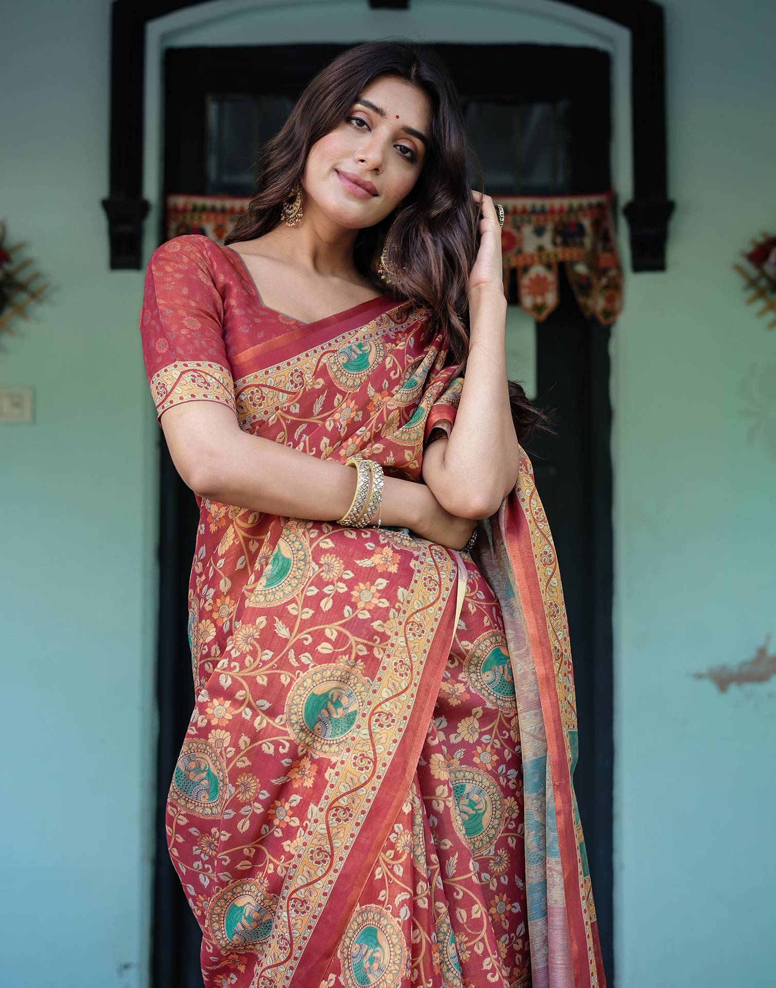 Coral Red Shimmer Silk Printed Saree