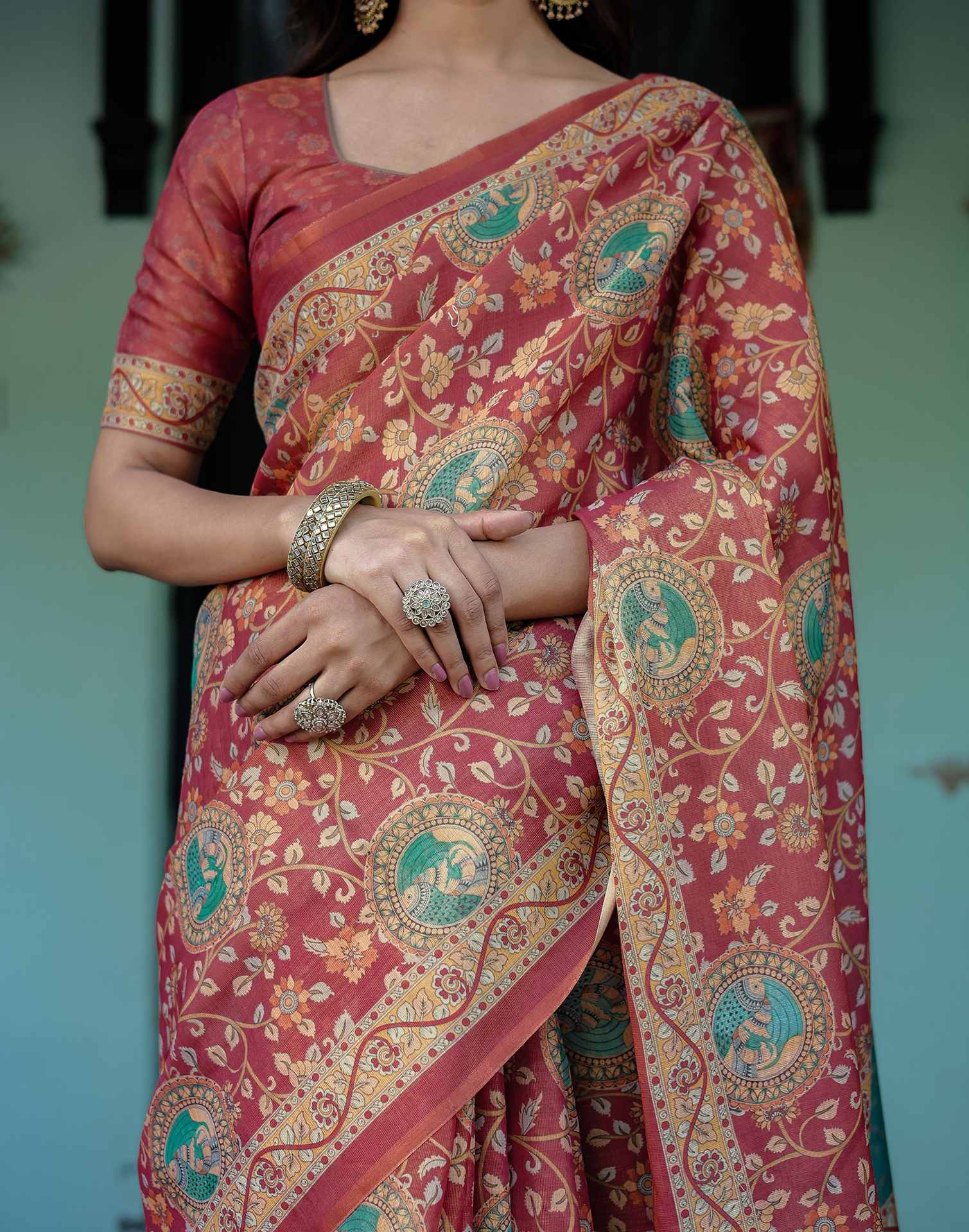 Coral Red Shimmer Silk Printed Saree