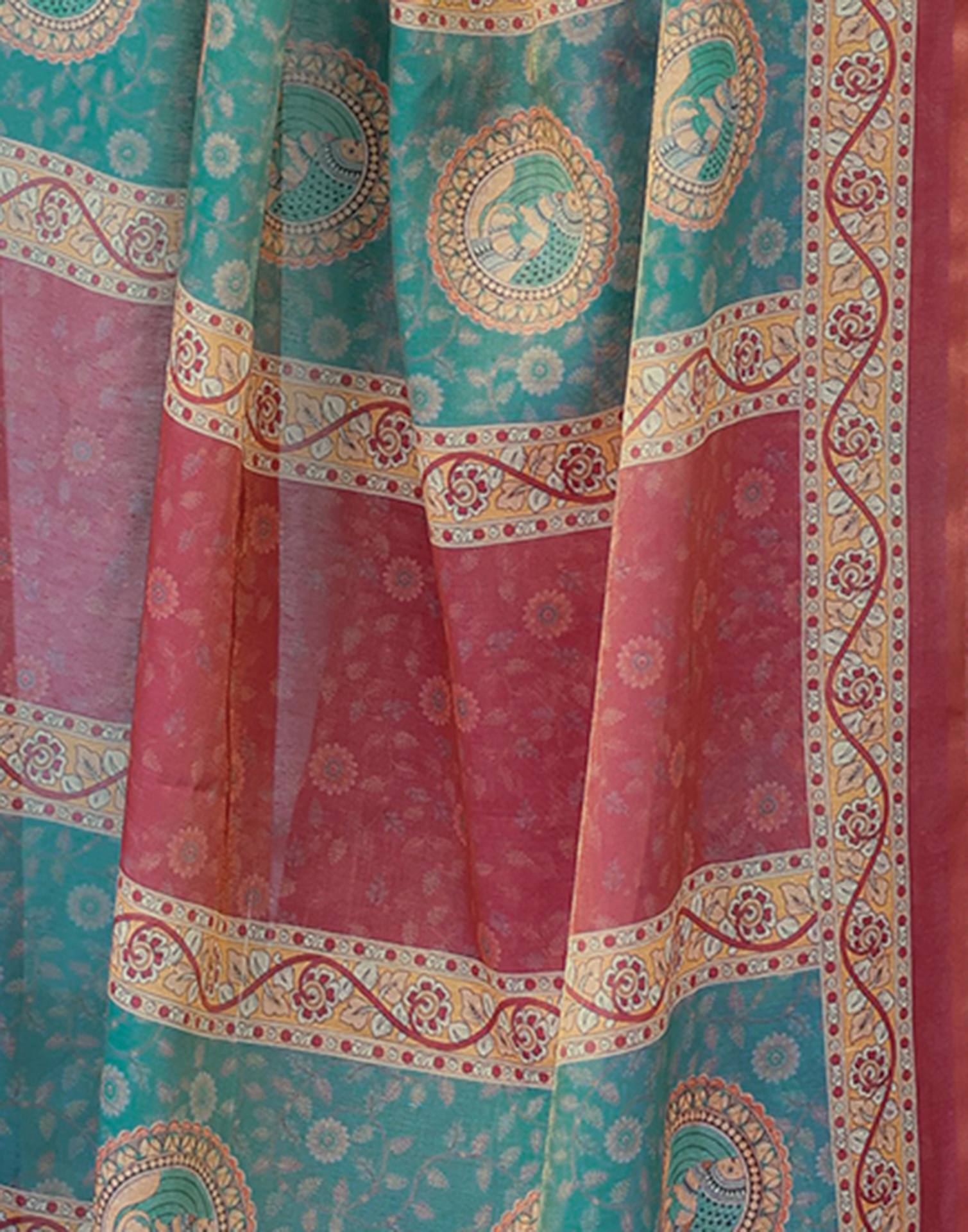 Coral Red Shimmer Silk Printed Saree