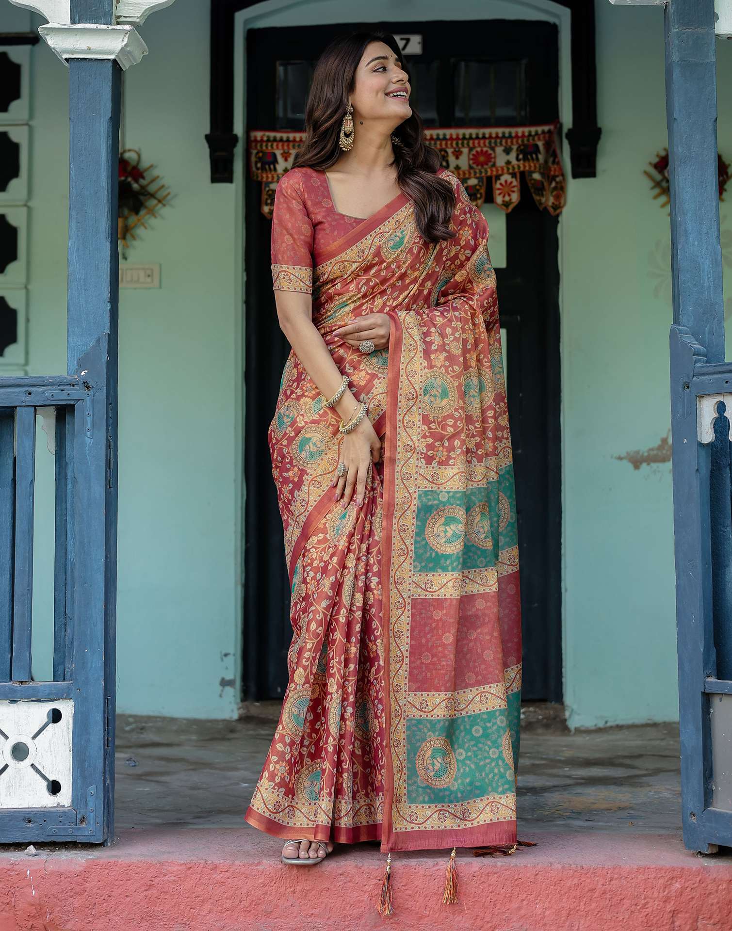 Coral Red Shimmer Silk Printed Saree