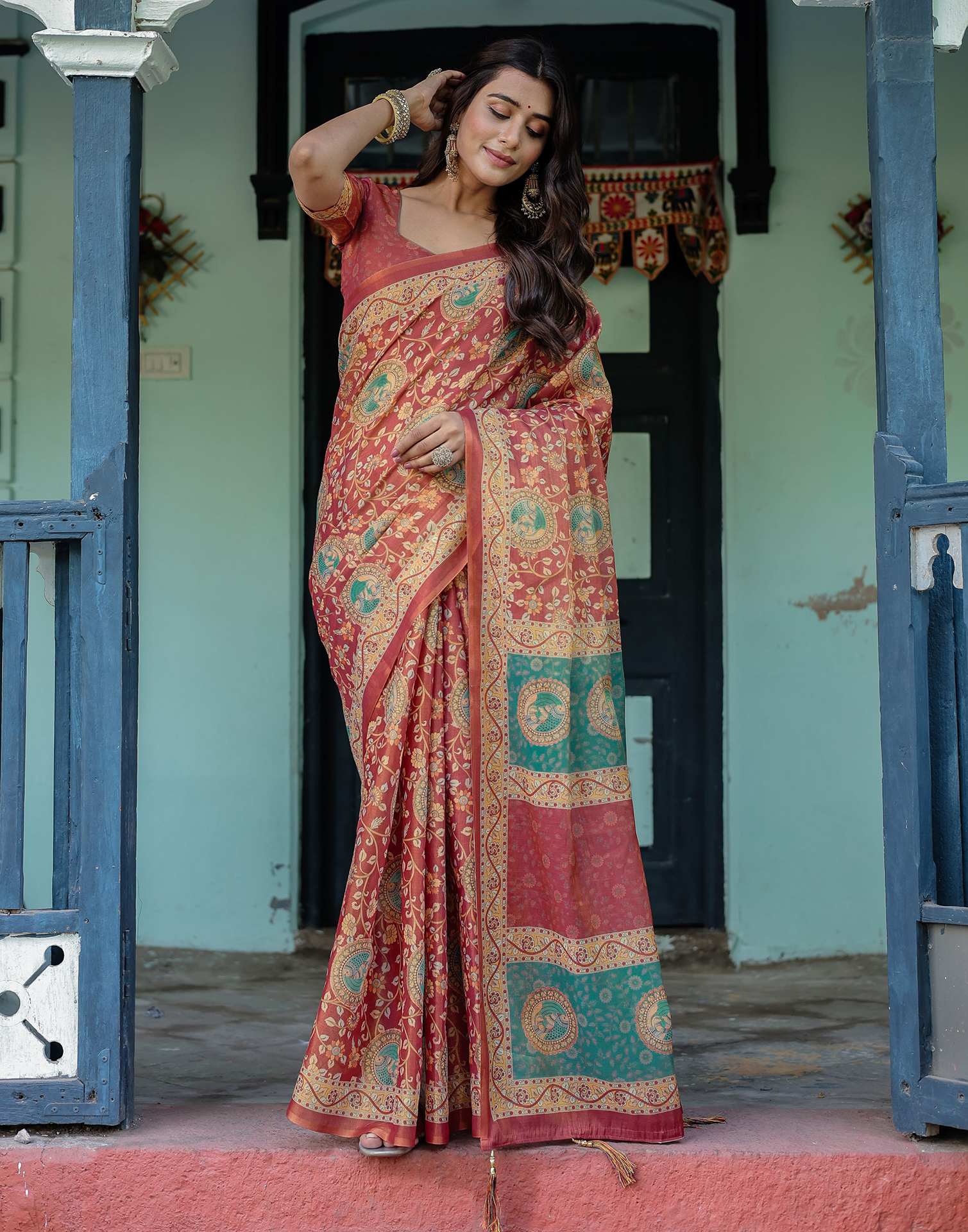 Coral Red Shimmer Silk Printed Saree