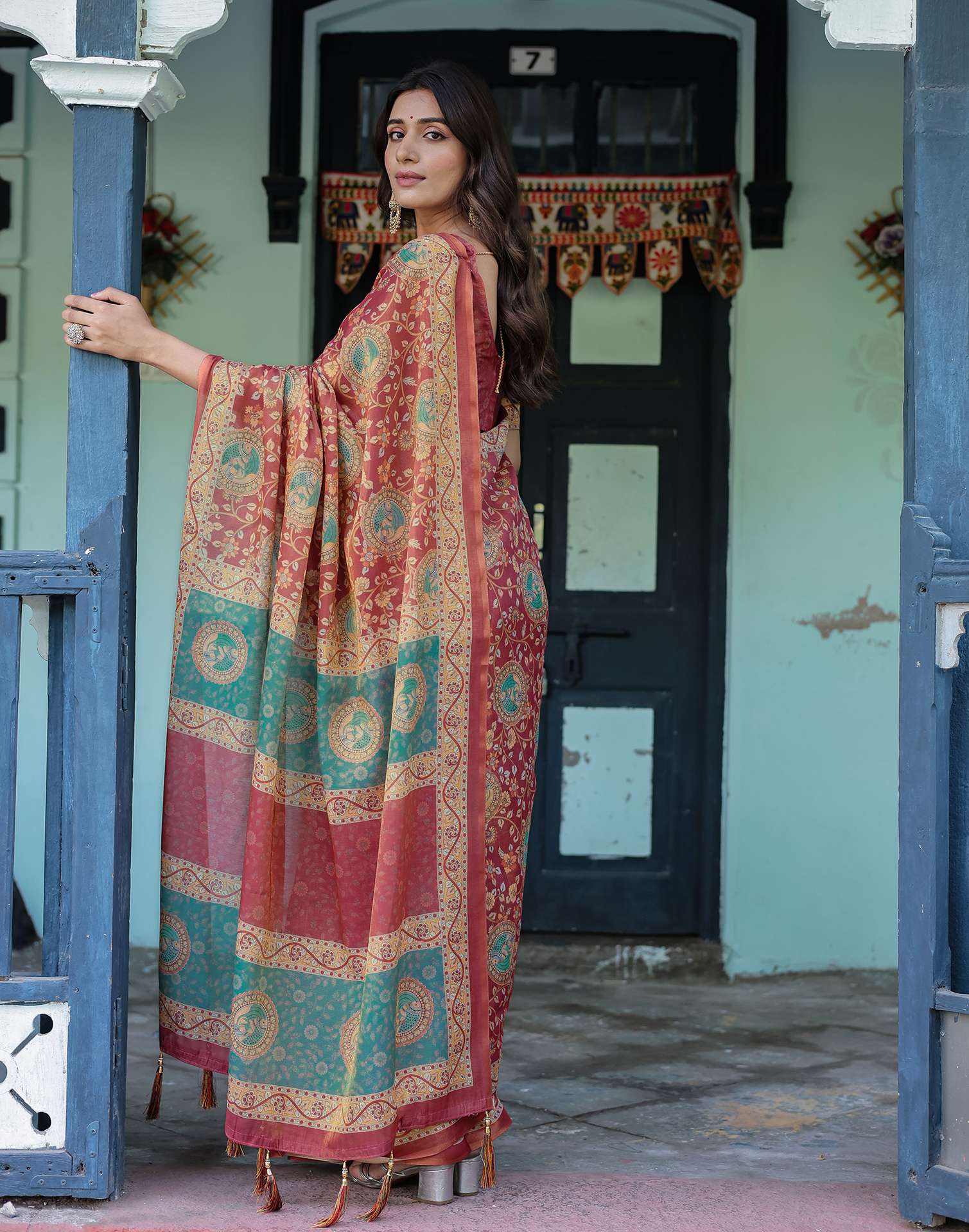 Coral Red Shimmer Silk Printed Saree