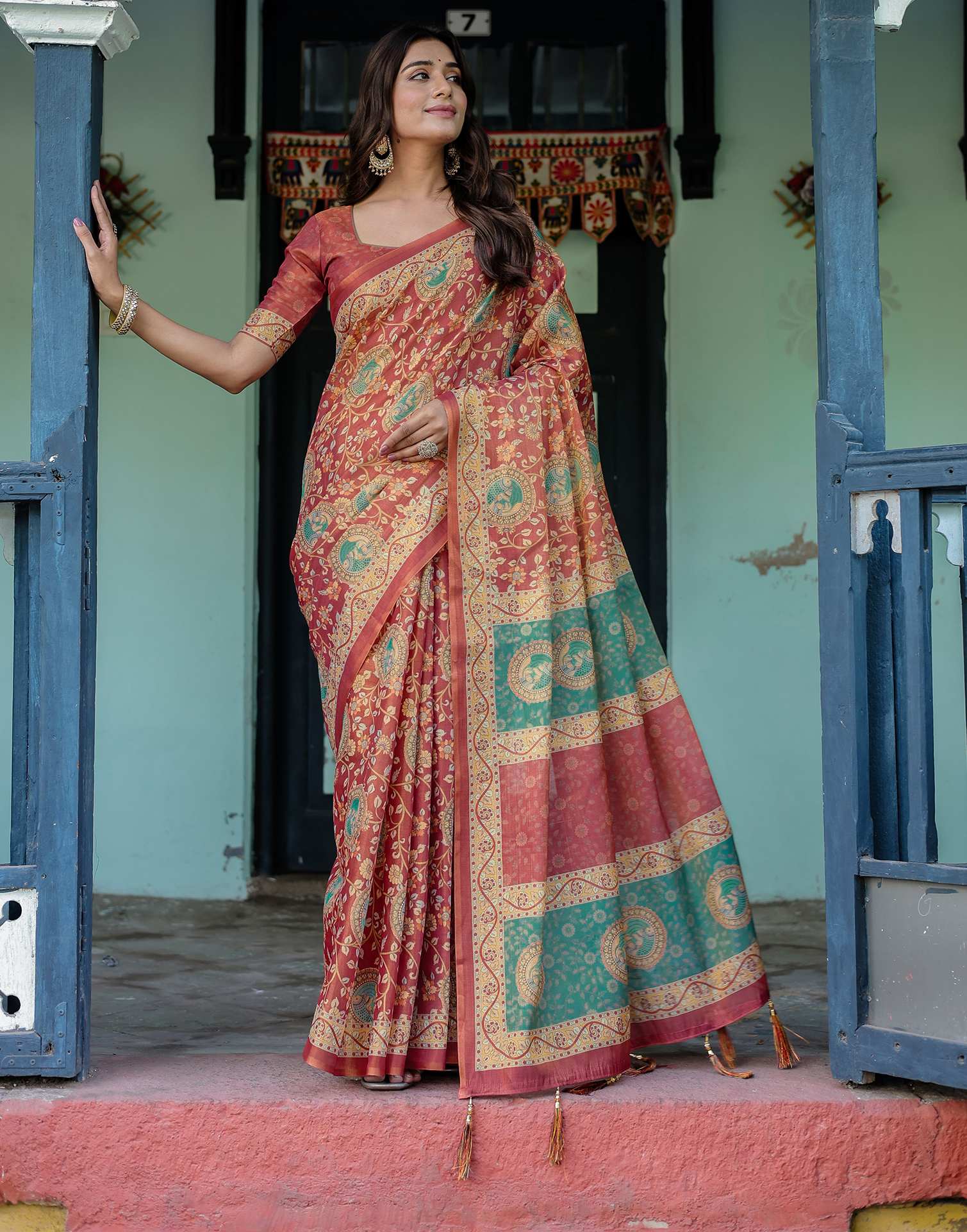 Coral Red Shimmer Silk Printed Saree