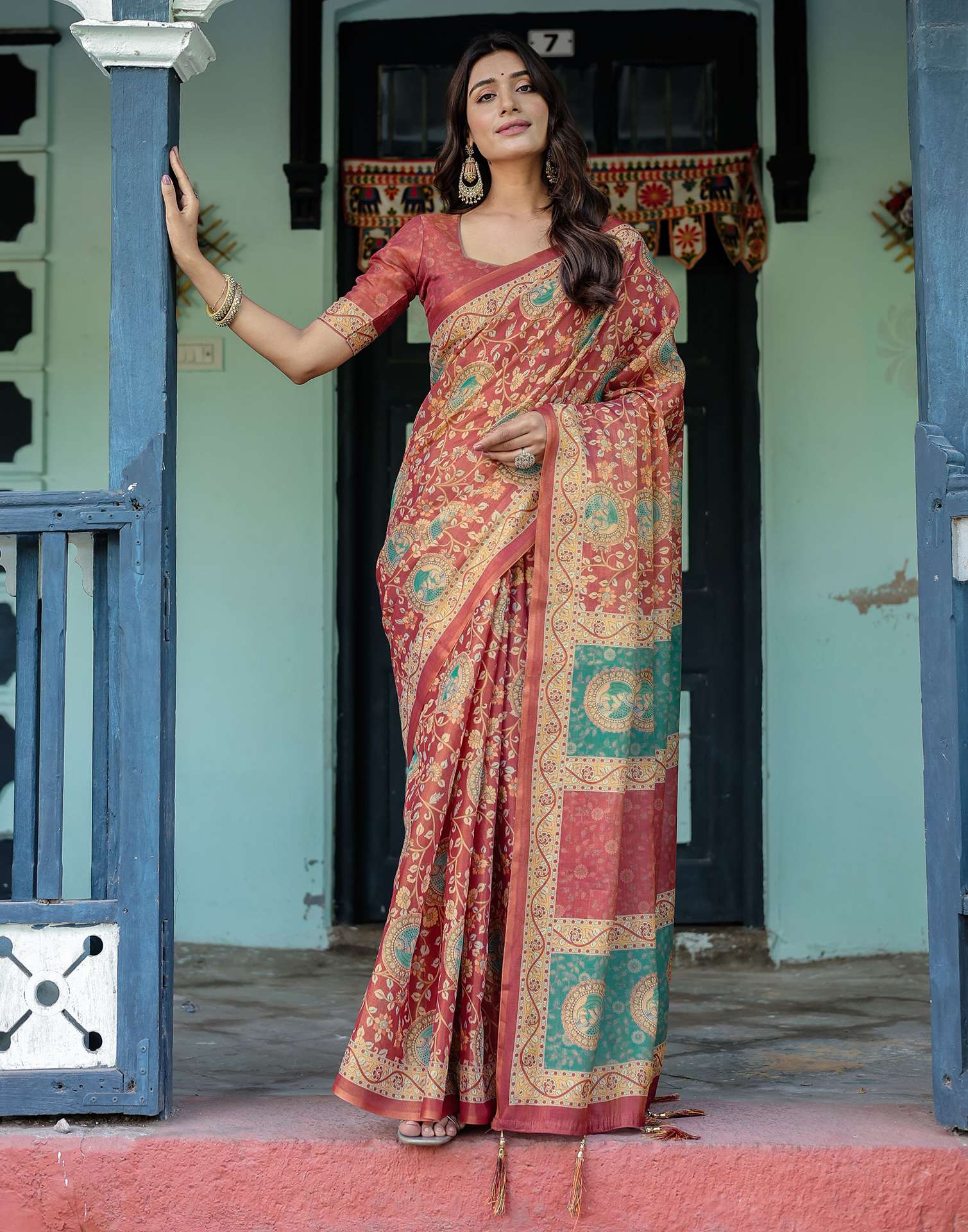 Coral Red Shimmer Silk Printed Saree