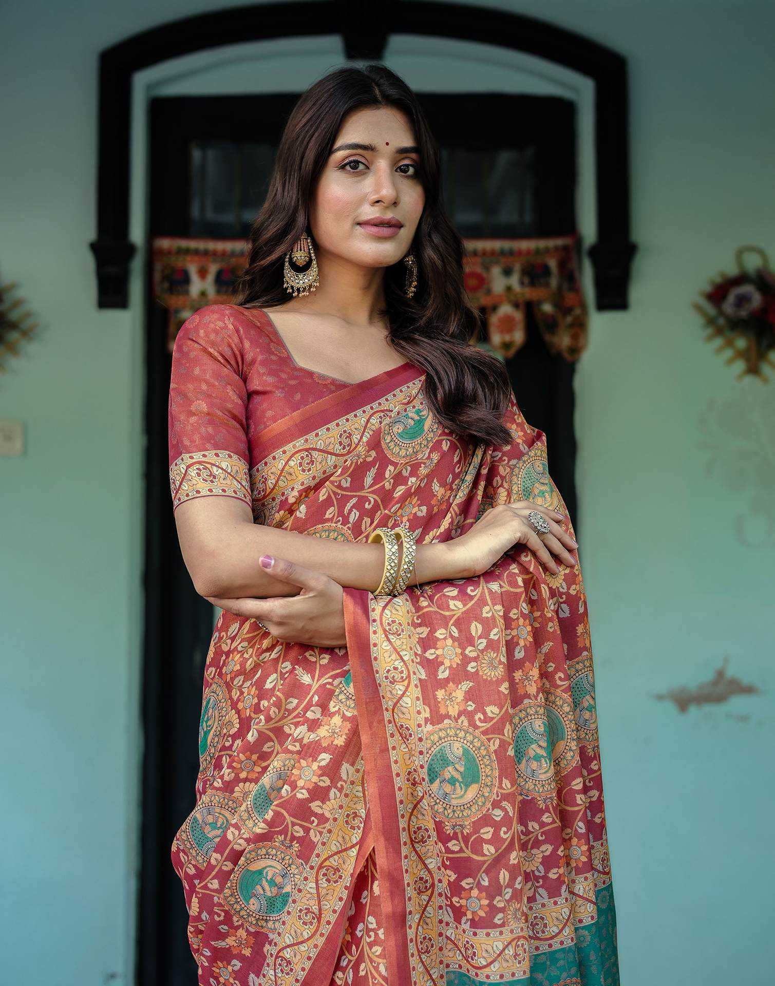 Coral Red Shimmer Silk Printed Saree