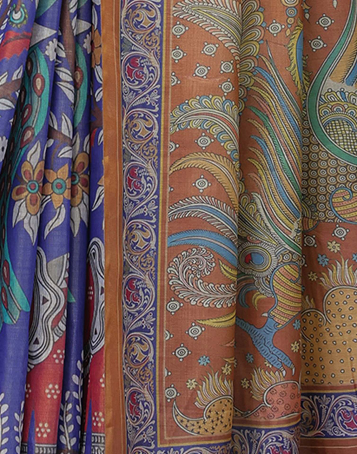Blue Shimmer Silk Printed Kalamkari Saree