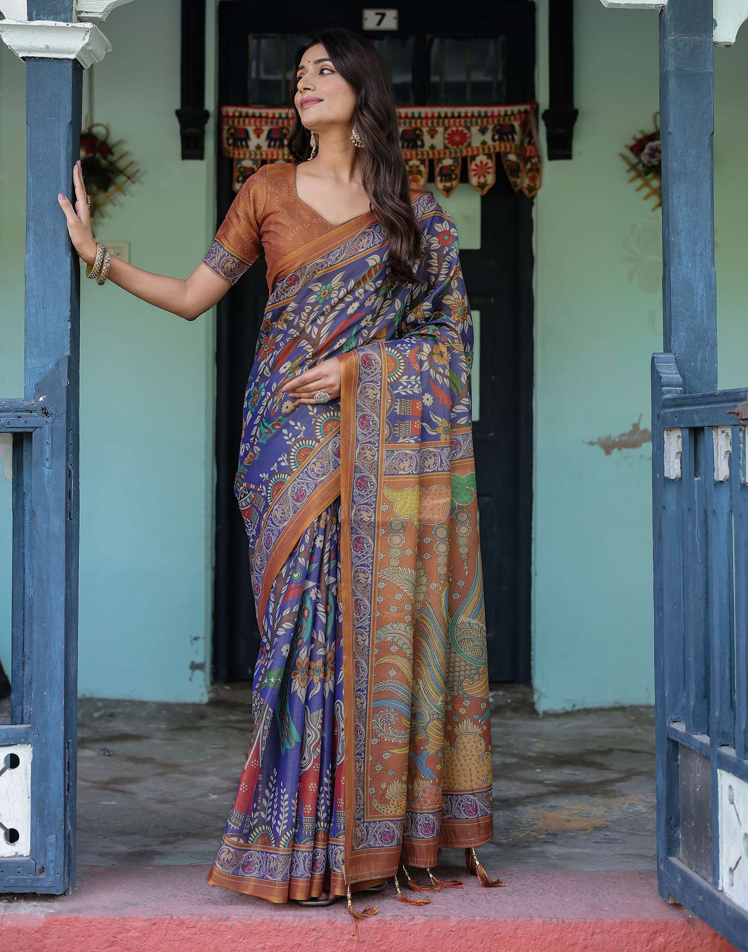 Blue Shimmer Silk Printed Kalamkari Saree