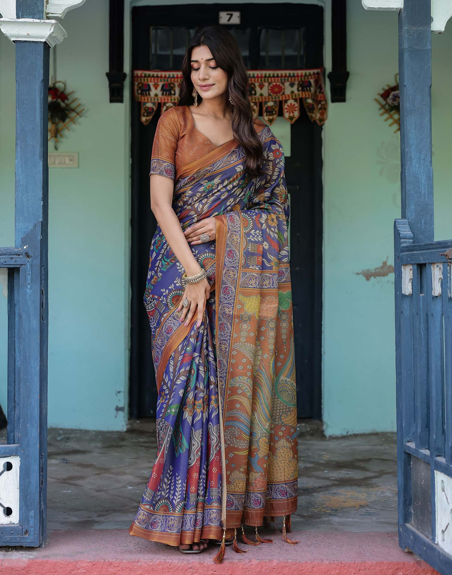 Blue Shimmer Silk Printed Kalamkari Saree