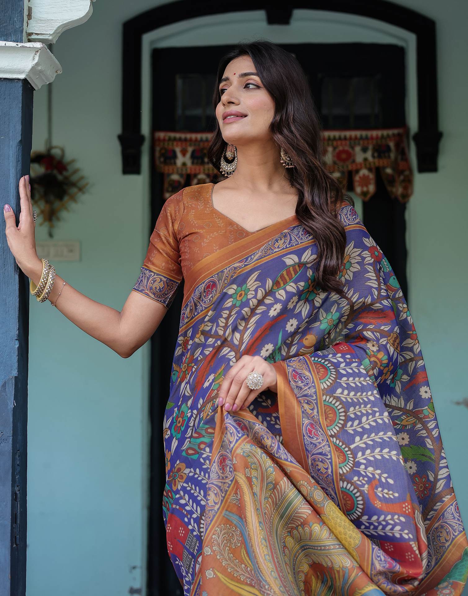 Blue Shimmer Silk Printed Kalamkari Saree