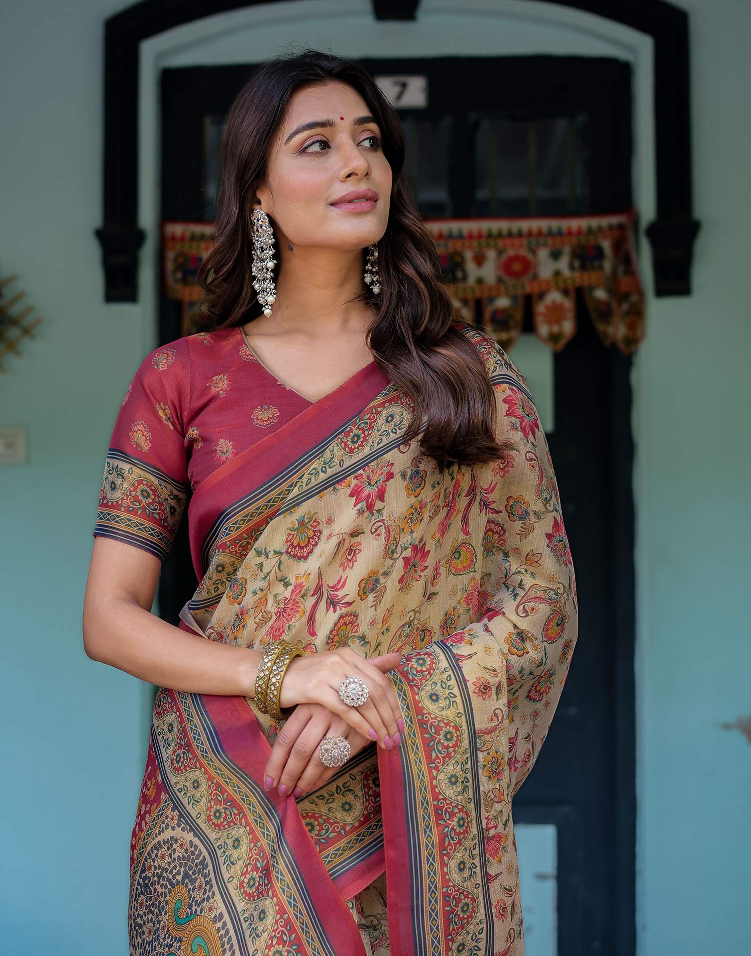 Beige Shimmer Silk Printed Saree